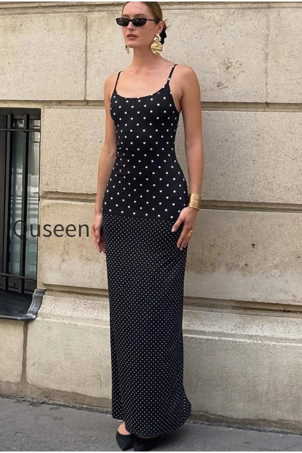 Polka Dot Cami Bodycon Slim Maxi Dress