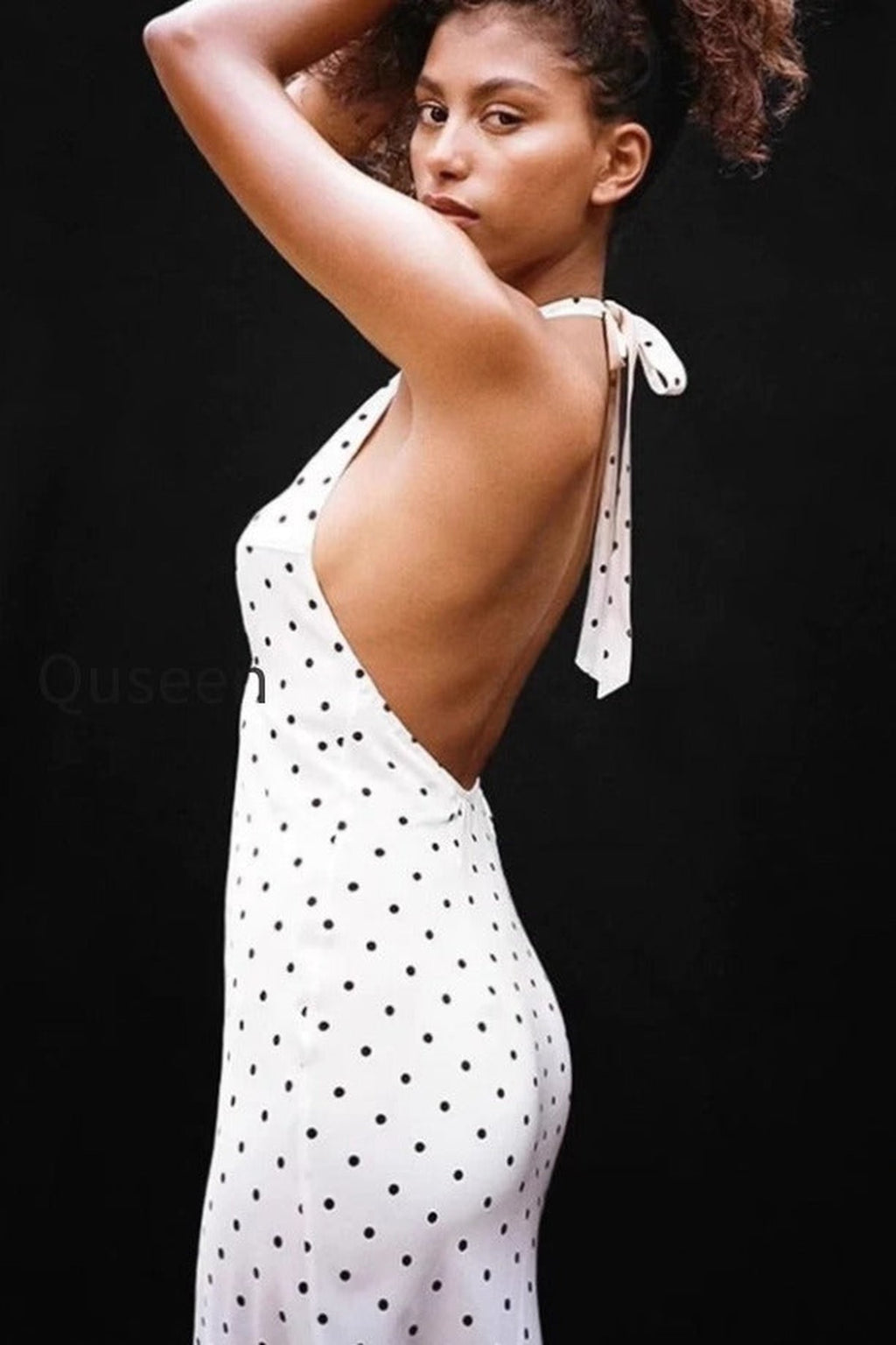 Retro Halter V Neck Polka Dot Sexy Midi Dress