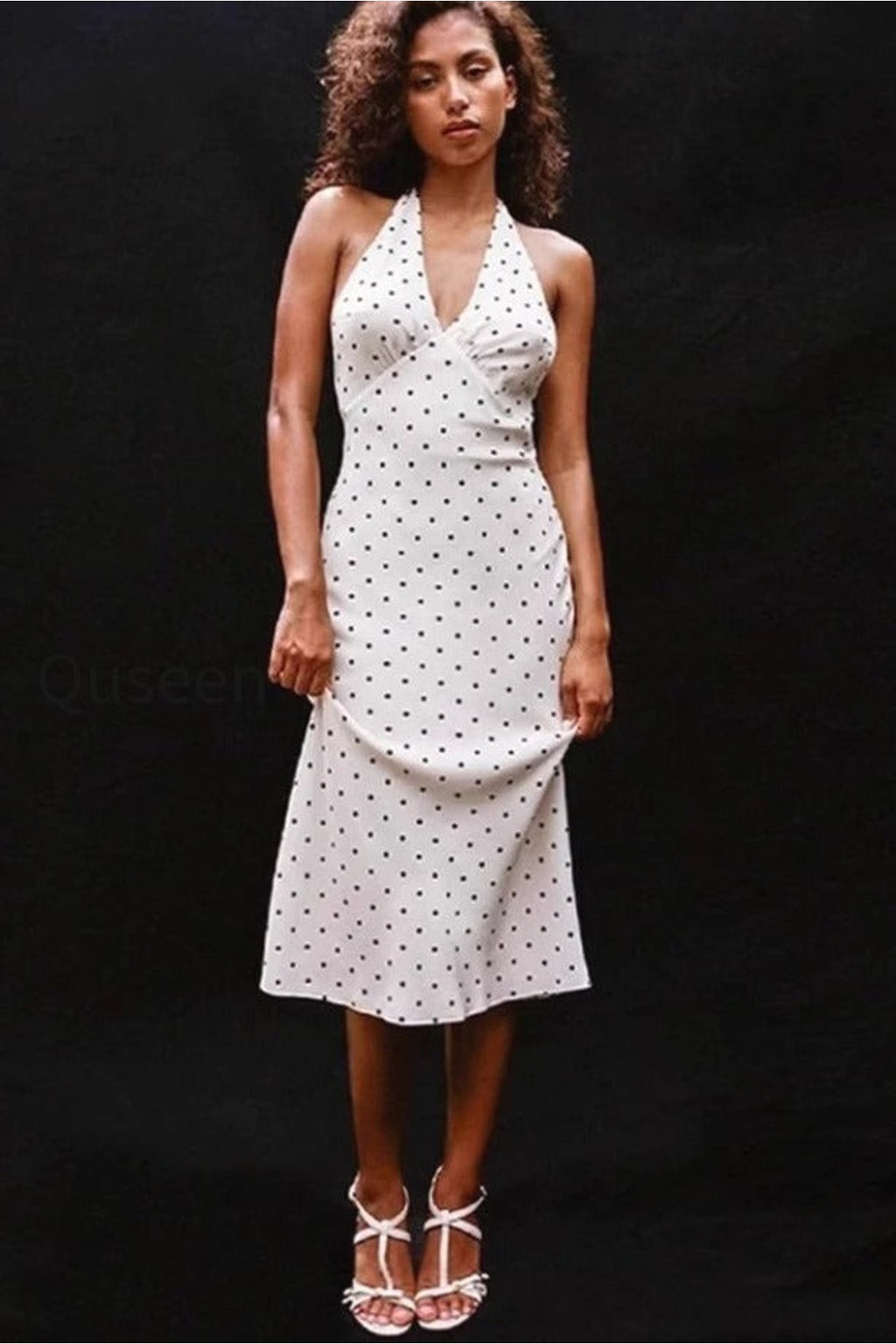 Retro Halter V Neck Polka Dot Sexy Midi Dress