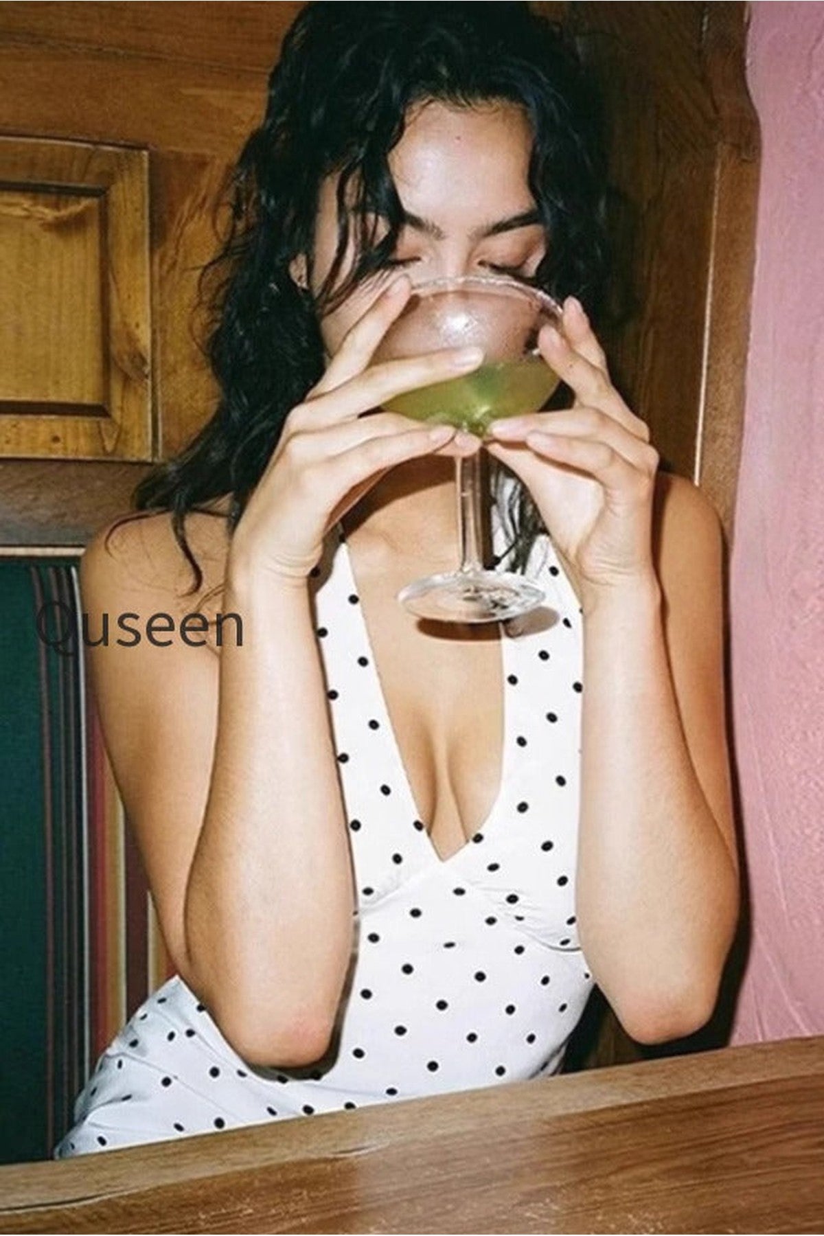 Retro Halter V Neck Polka Dot Sexy Midi Dress