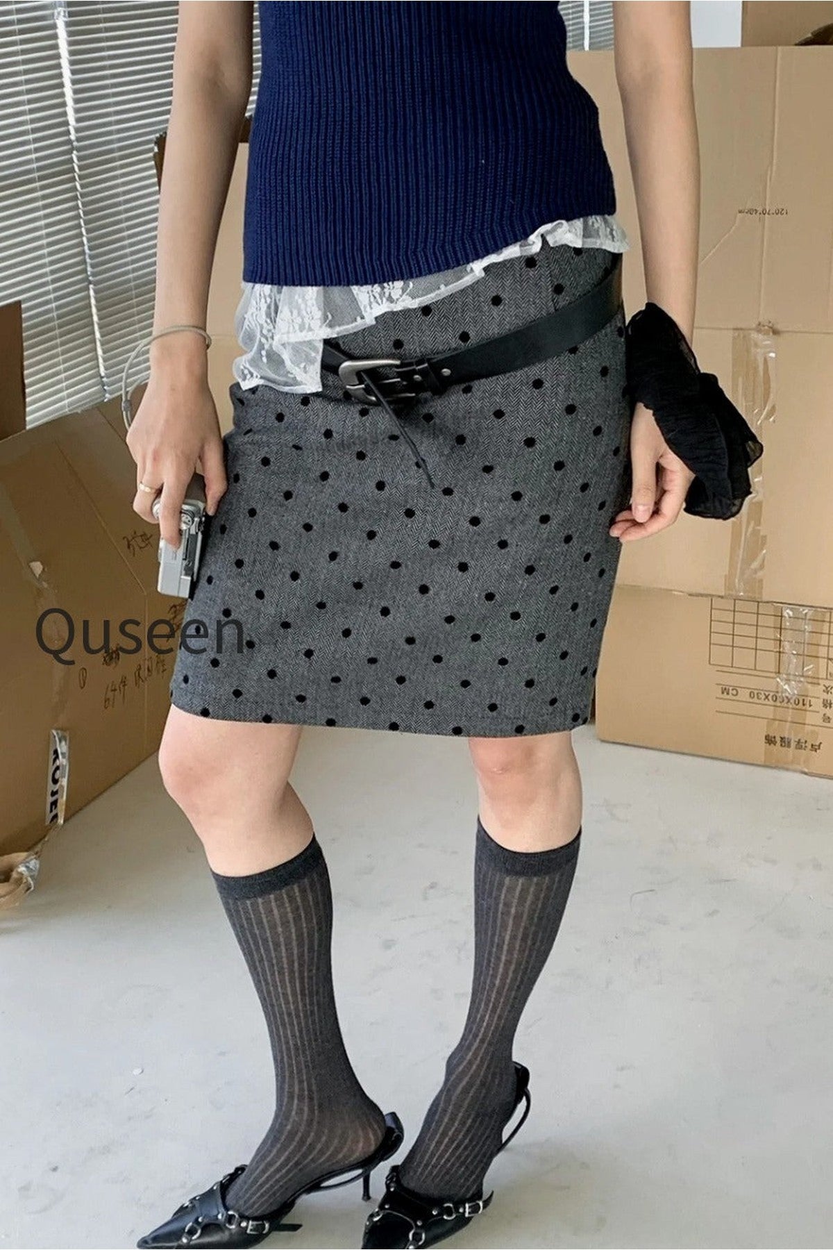 High Waist Flocked Polka Dot Bodycon Midi Skirt