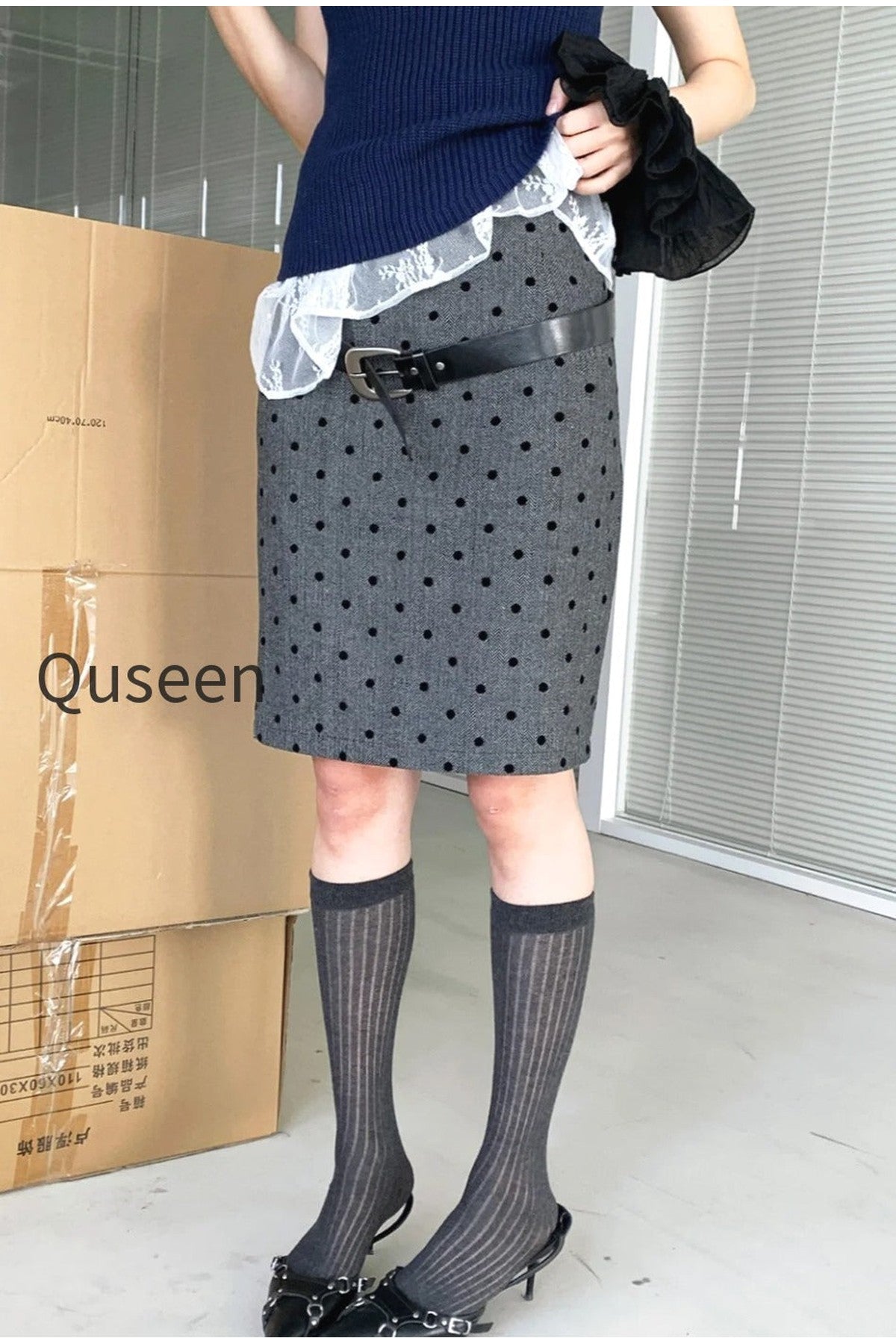 High Waist Flocked Polka Dot Bodycon Midi Skirt