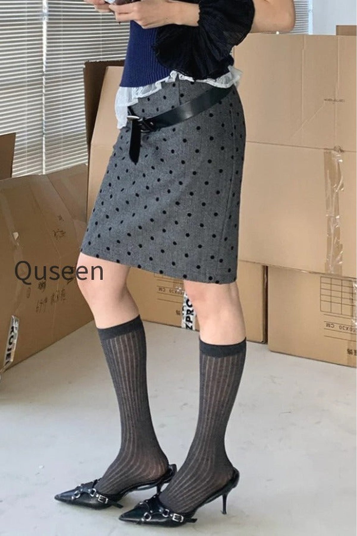 High Waist Flocked Polka Dot Bodycon Midi Skirt