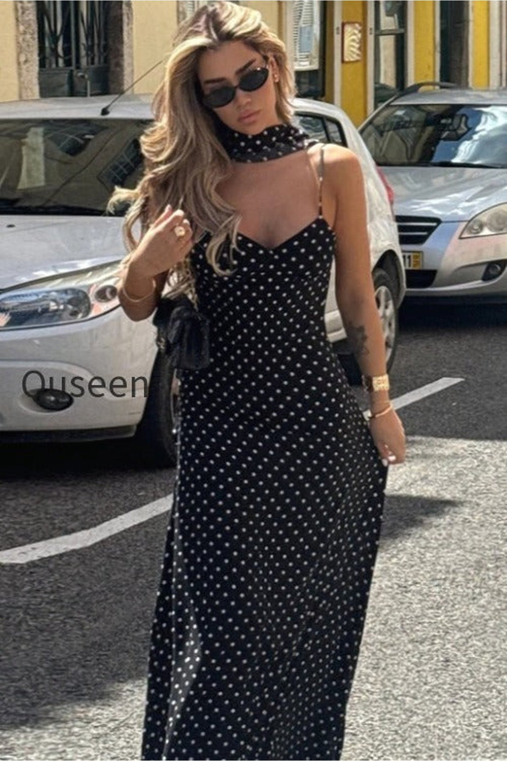 Polka Dot Sexy V Neck Cami Backless Maxi Dress