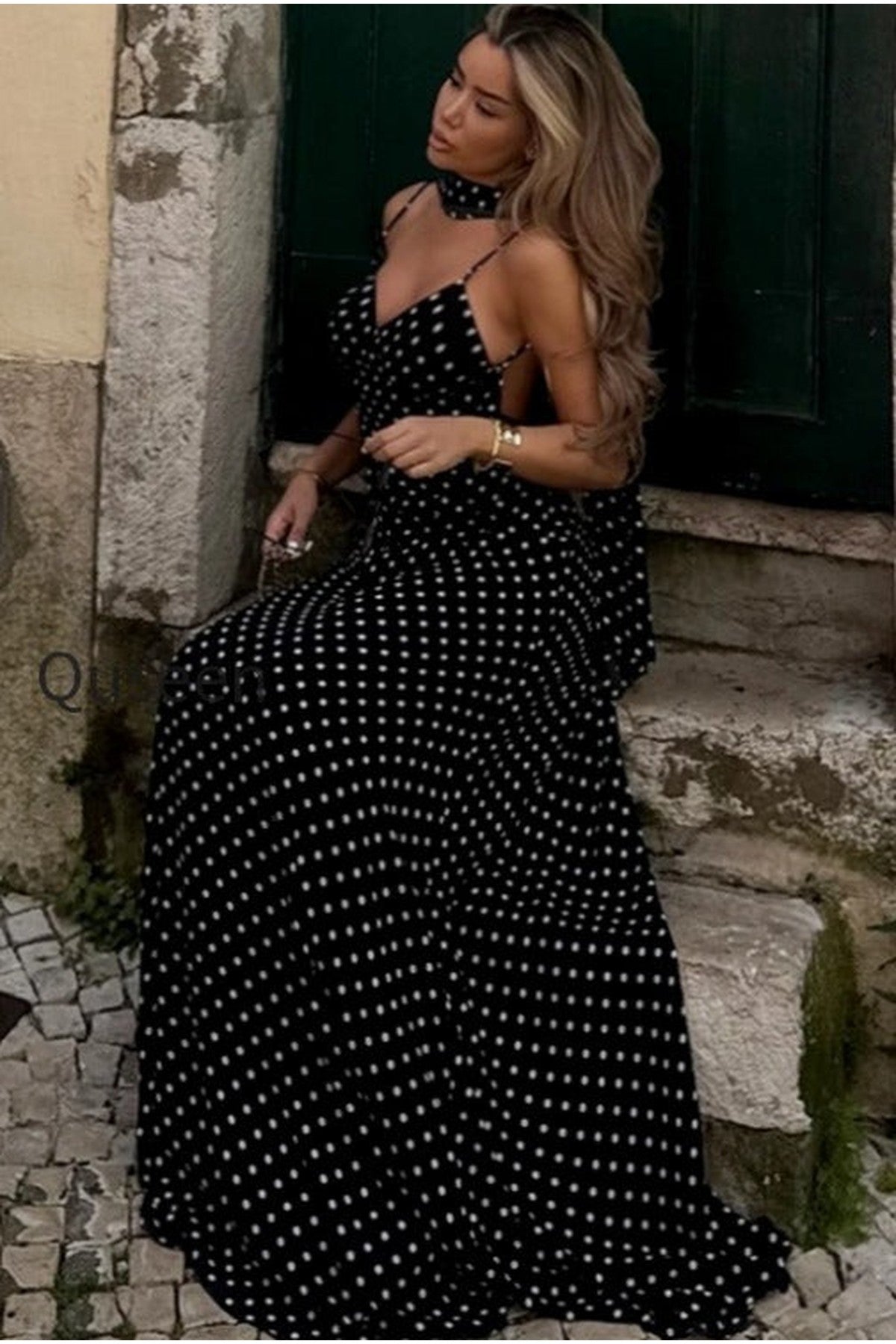 Polka Dot Sexy V Neck Cami Backless Maxi Dress