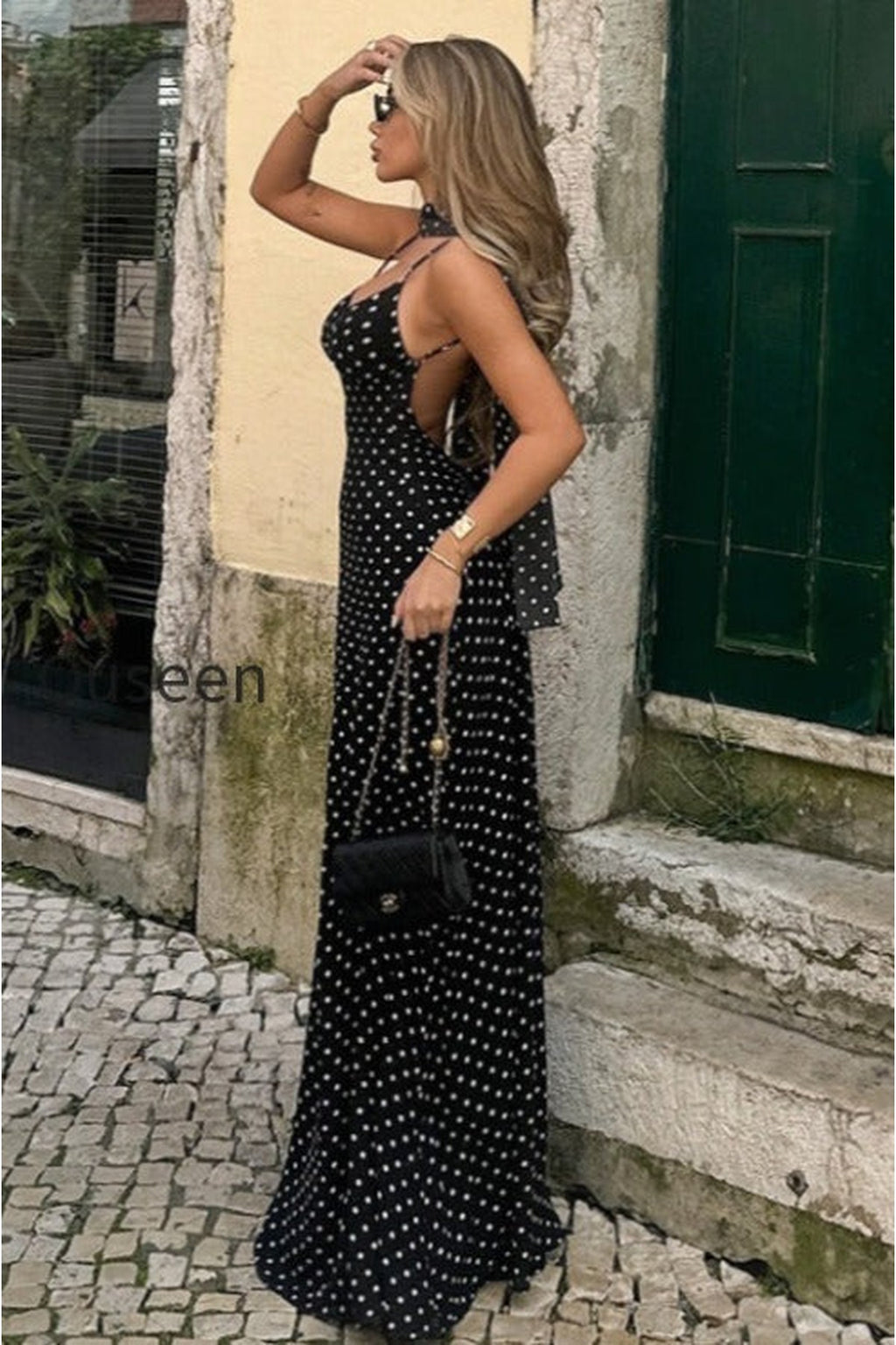 Polka Dot Sexy V Neck Cami Backless Maxi Dress