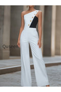 One-Shoulder Contrast Buttoned Wide-Leg Jumpsuit