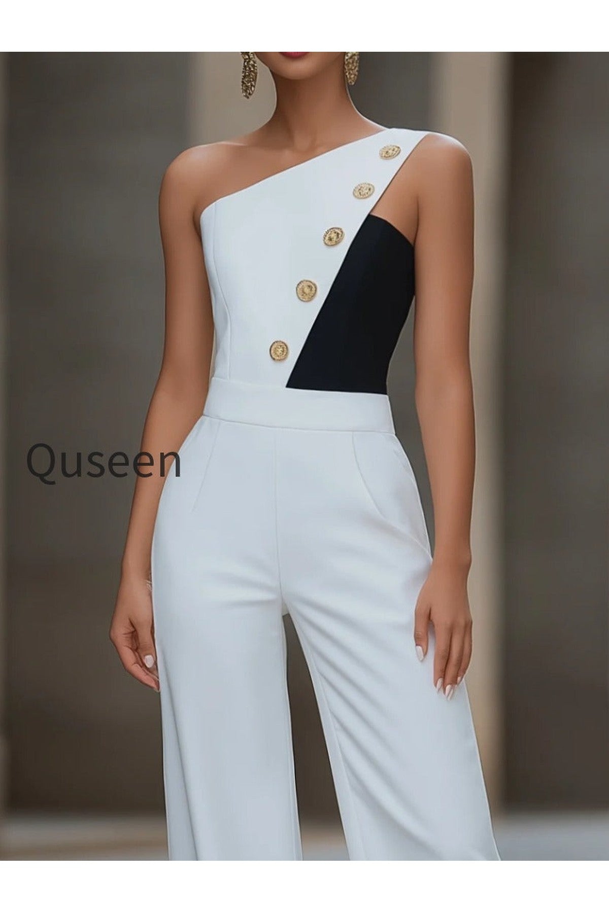 One-Shoulder Contrast Buttoned Wide-Leg Jumpsuit