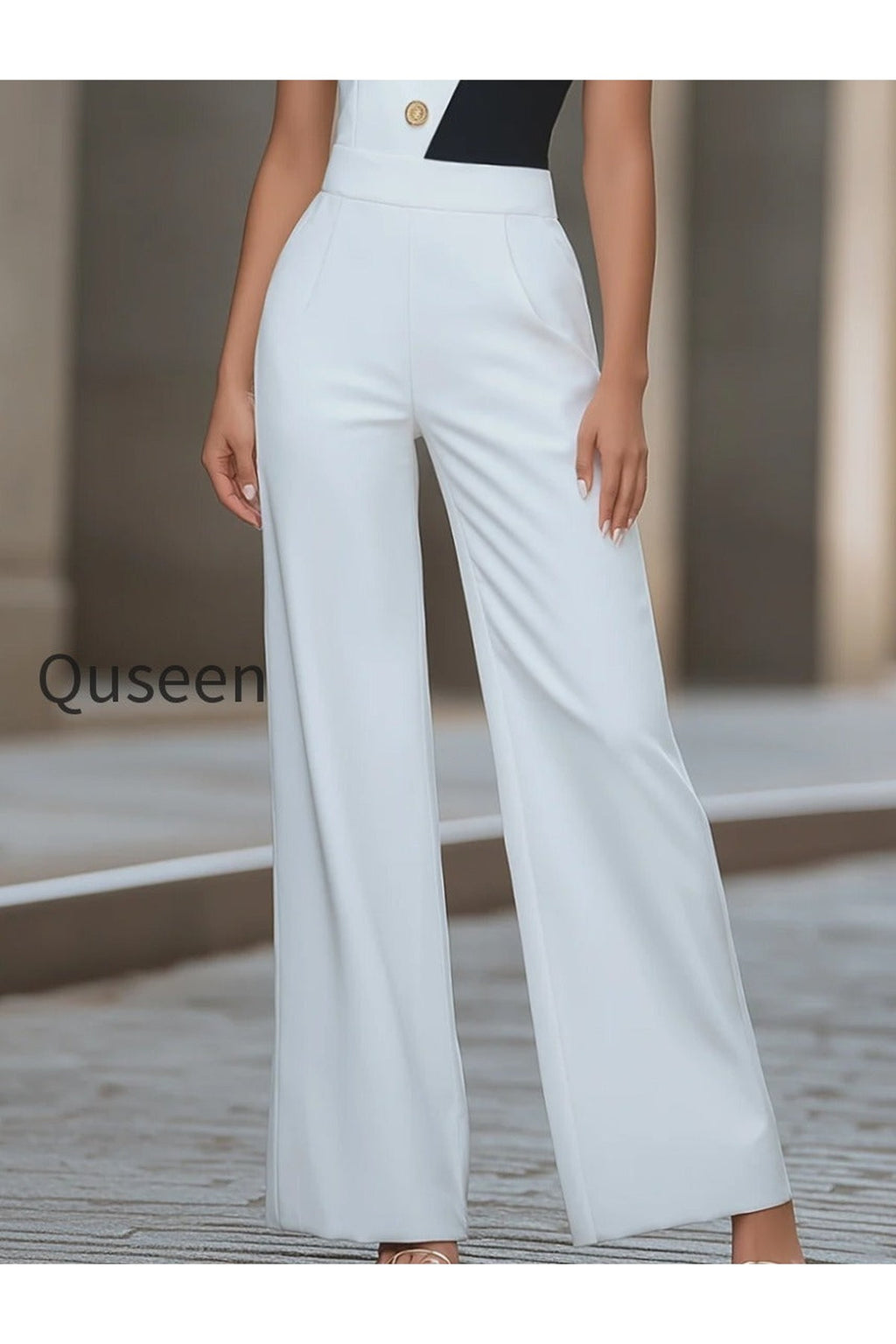 One-Shoulder Contrast Buttoned Wide-Leg Jumpsuit