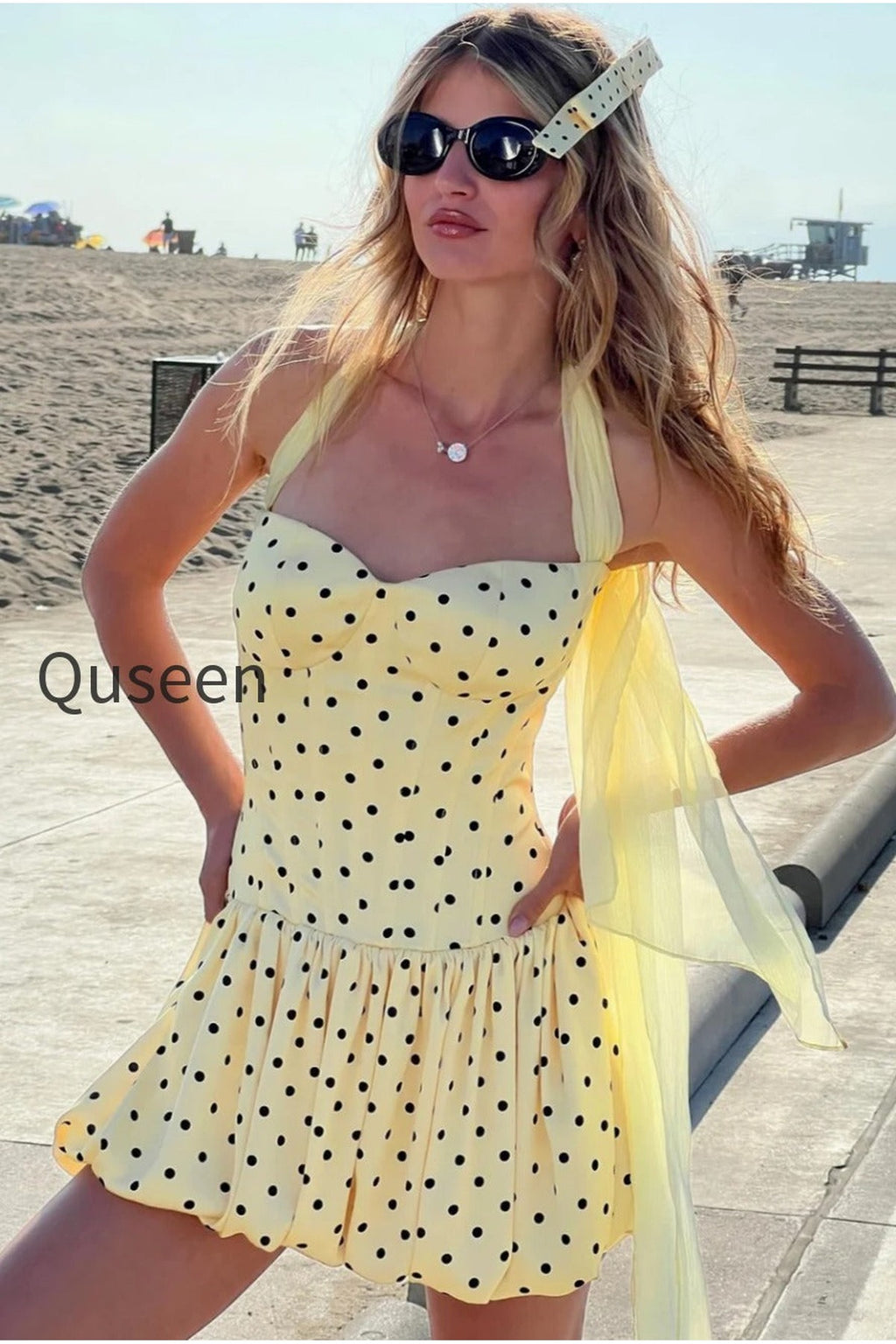 Polka Dot Sash Halter Tulip Mini Dress