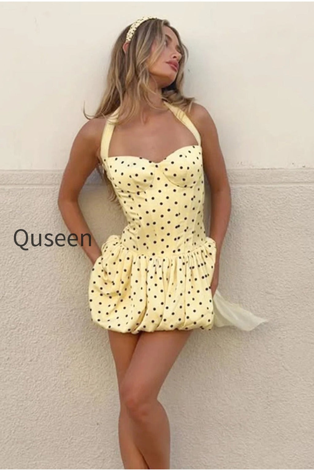 Polka Dot Sash Halter Tulip Mini Dress