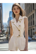 White Sleeveless Blazer Romper With Gold Trim