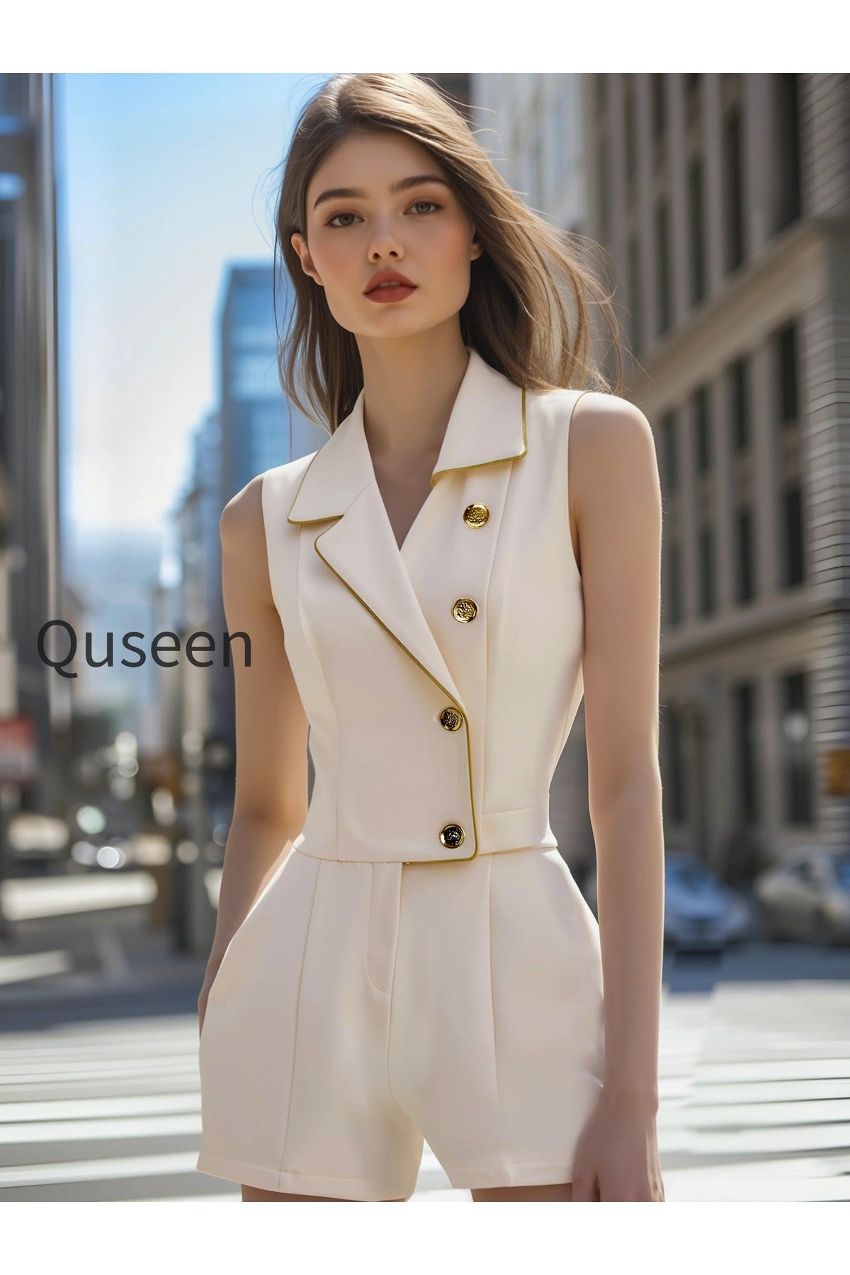 White Sleeveless Blazer Romper With Gold Trim