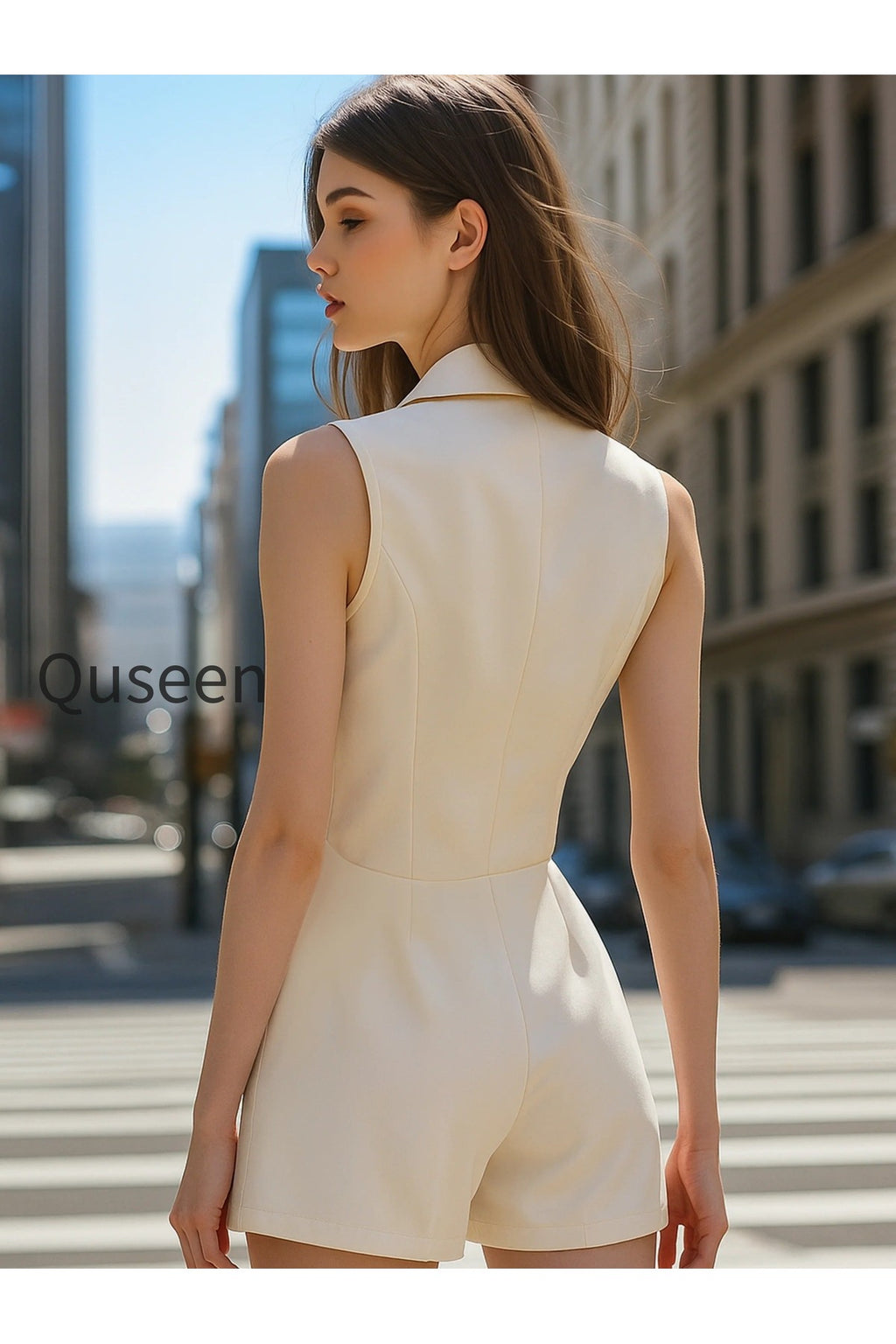 White Sleeveless Blazer Romper With Gold Trim