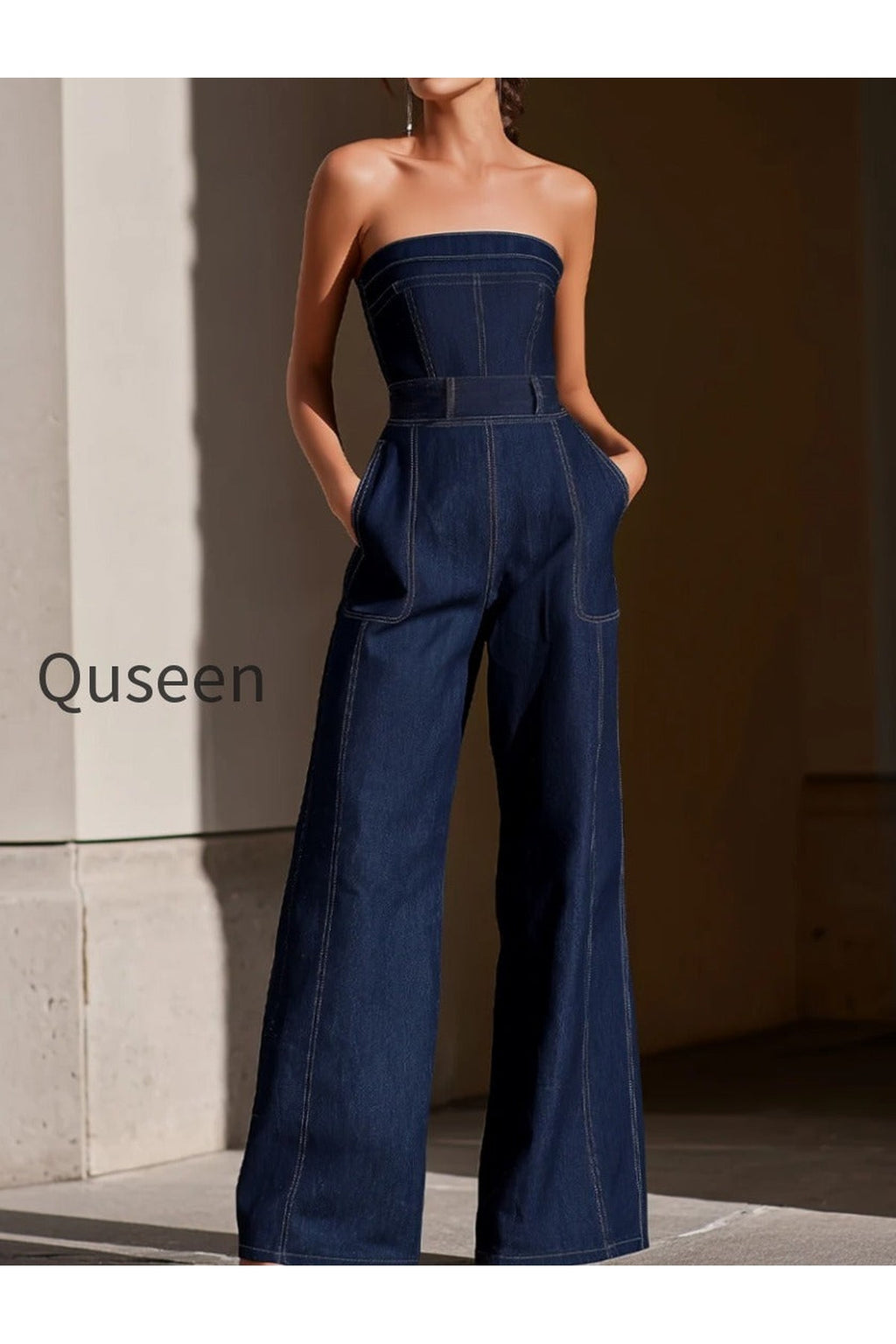 Dark Denim Strapless Wide-Leg Jumpsuit