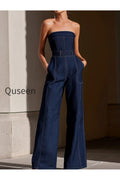 Dark Denim Strapless Wide-Leg Jumpsuit