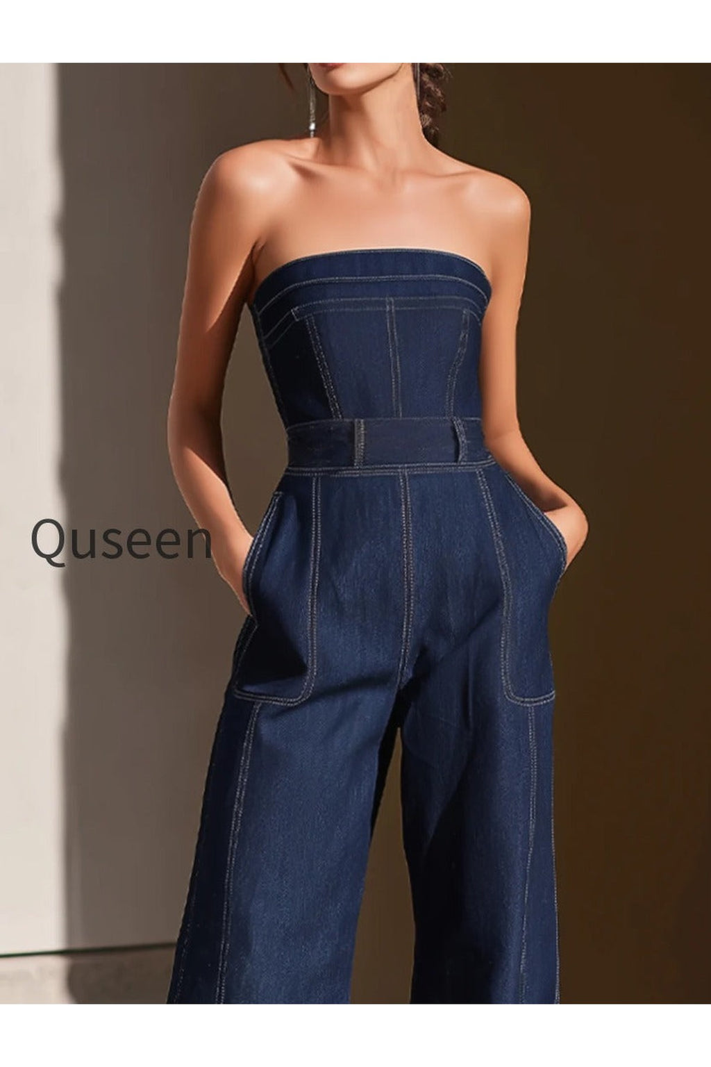 Dark Denim Strapless Wide-Leg Jumpsuit
