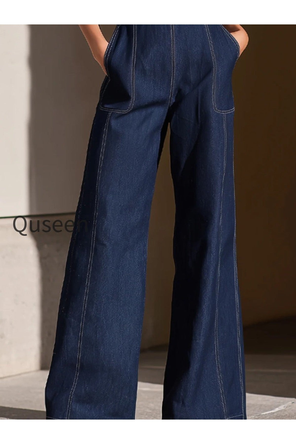 Dark Denim Strapless Wide-Leg Jumpsuit