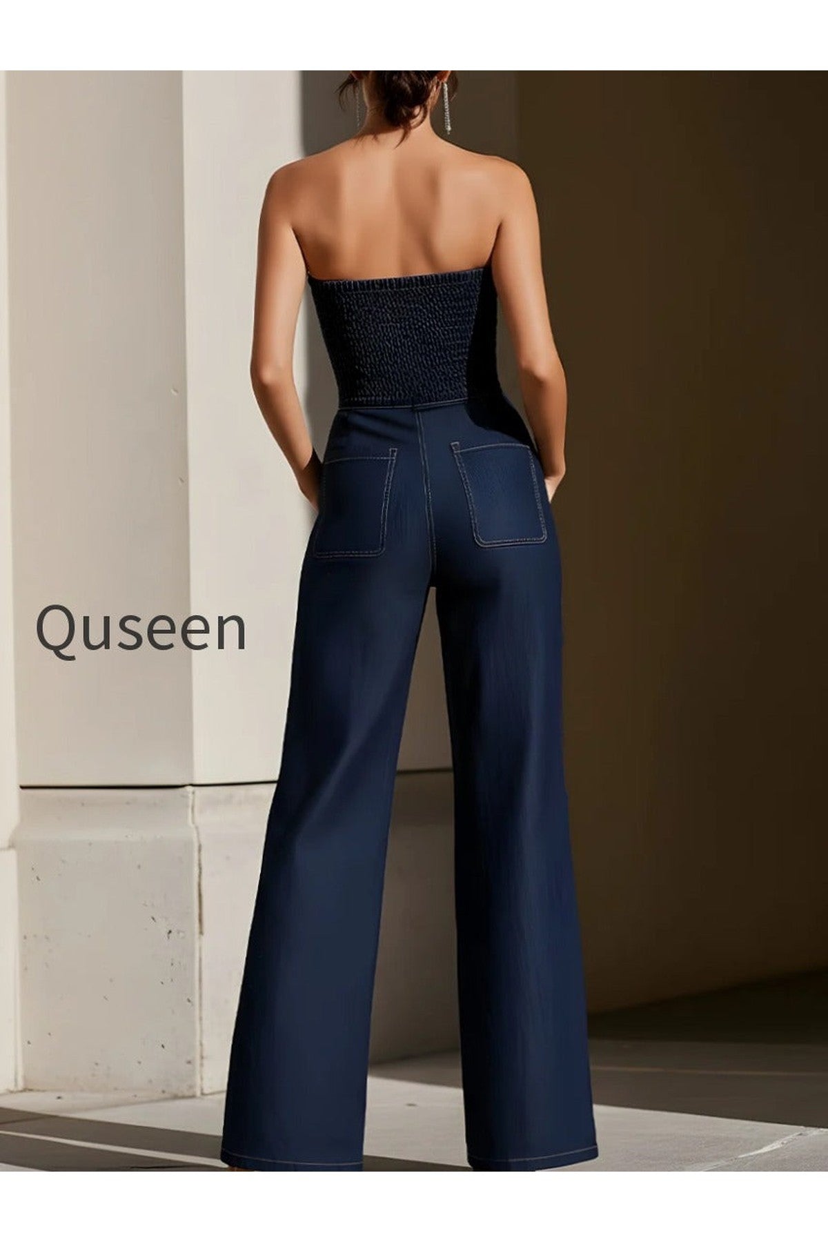 Dark Denim Strapless Wide-Leg Jumpsuit