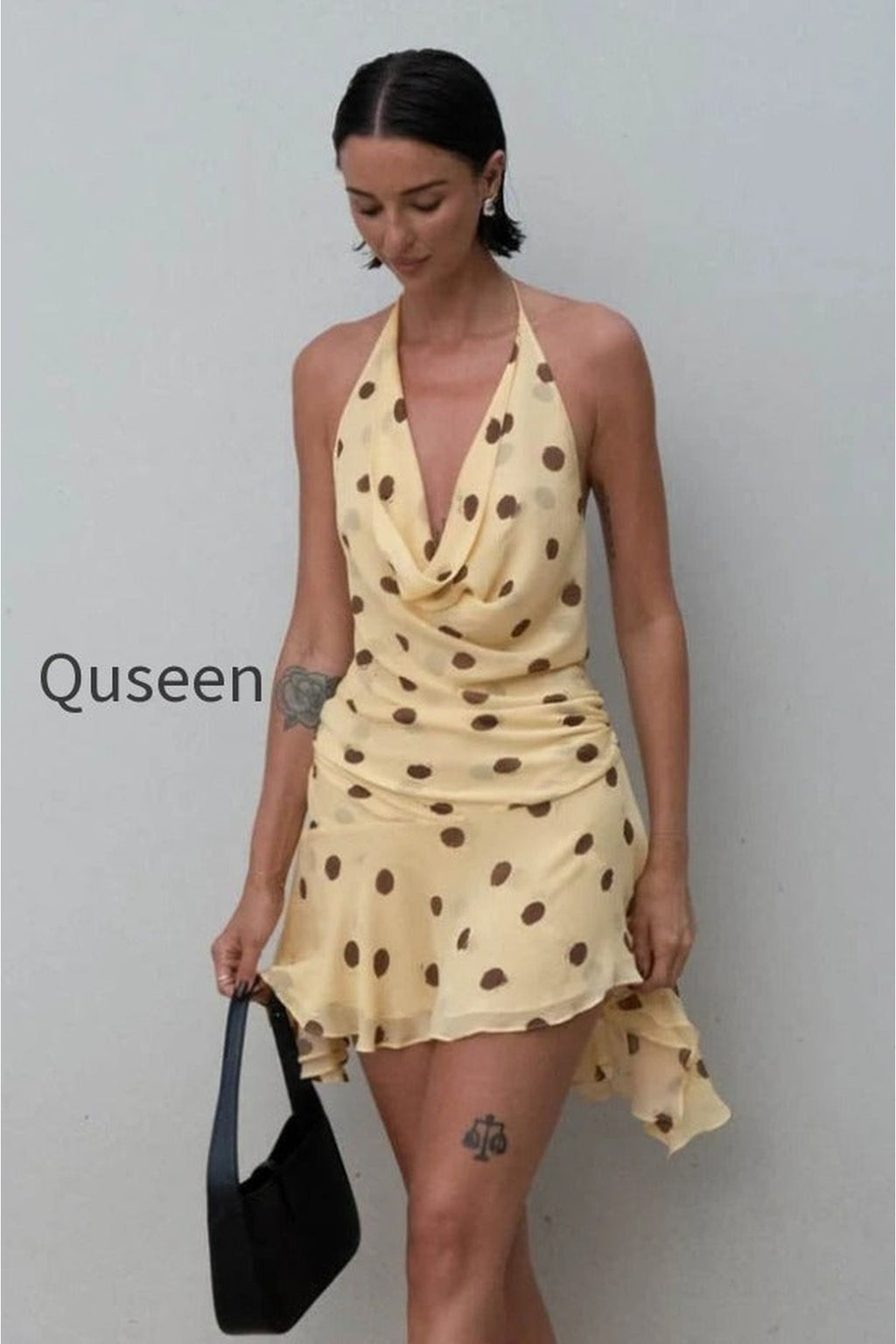 Polka Dot Chiffon Halter Deep V Slit Backless Mini Dress