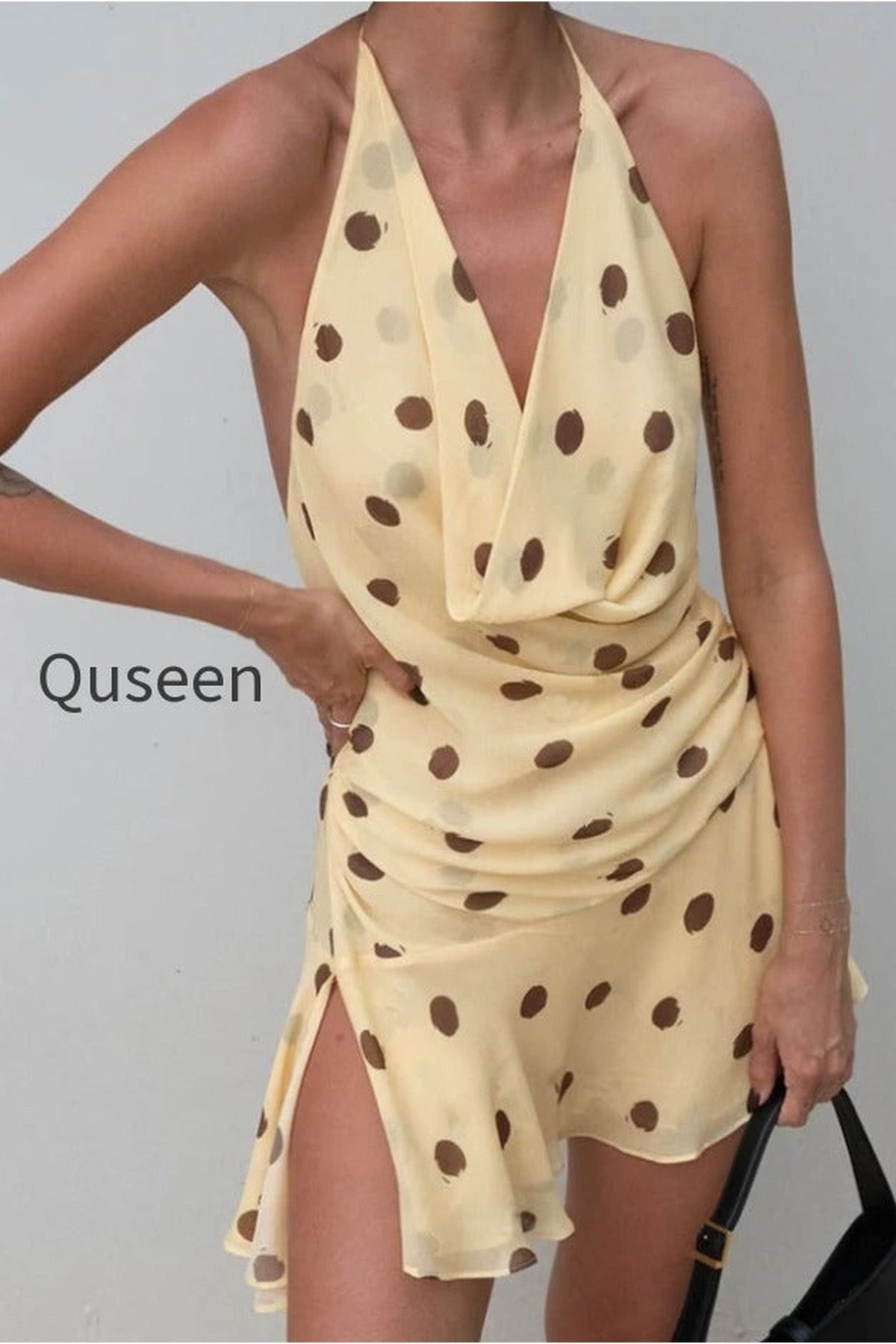 Polka Dot Chiffon Halter Deep V Slit Backless Mini Dress
