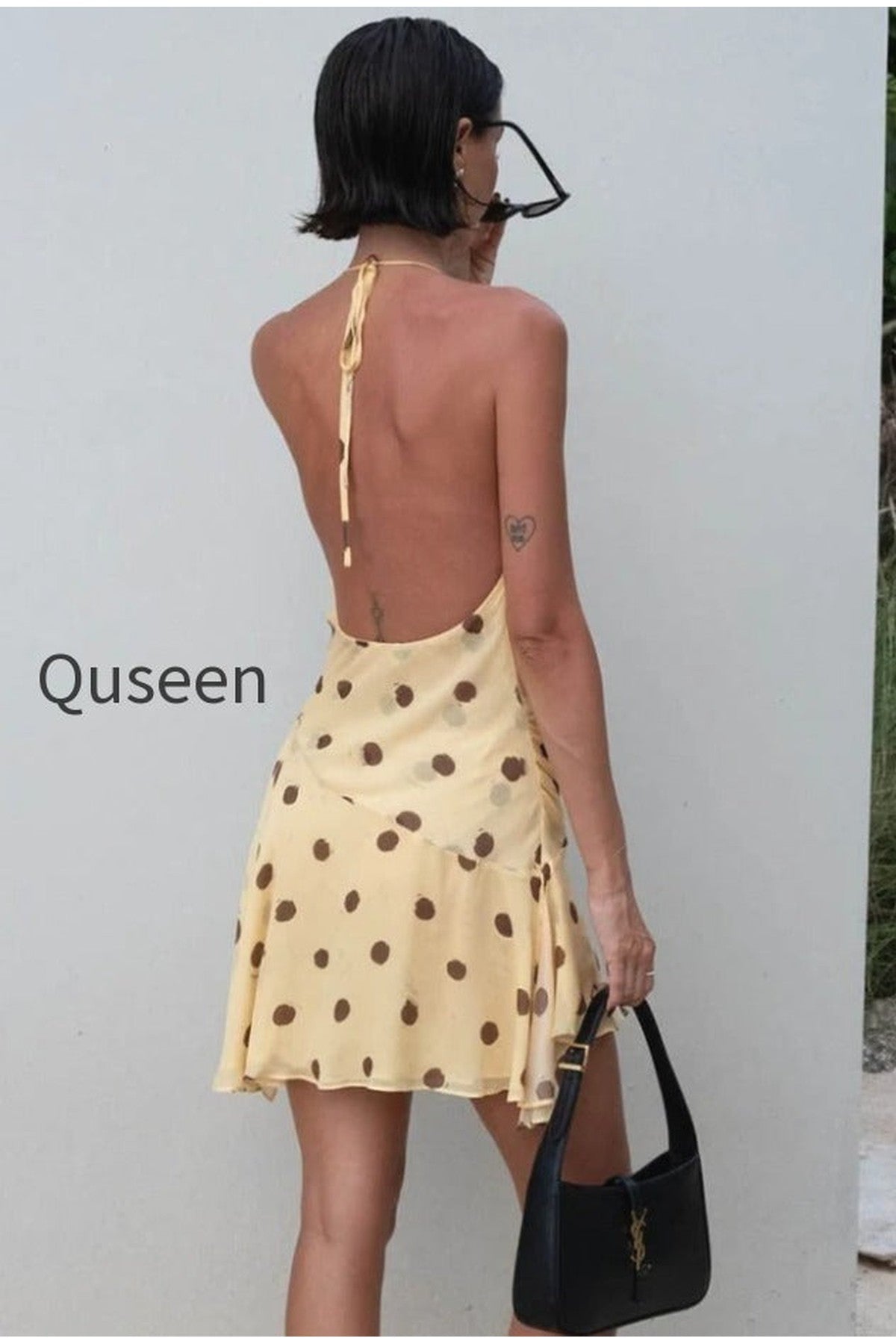 Polka Dot Chiffon Halter Deep V Slit Backless Mini Dress