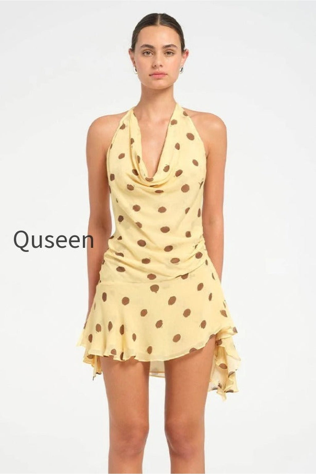 Polka Dot Chiffon Halter Deep V Slit Backless Mini Dress