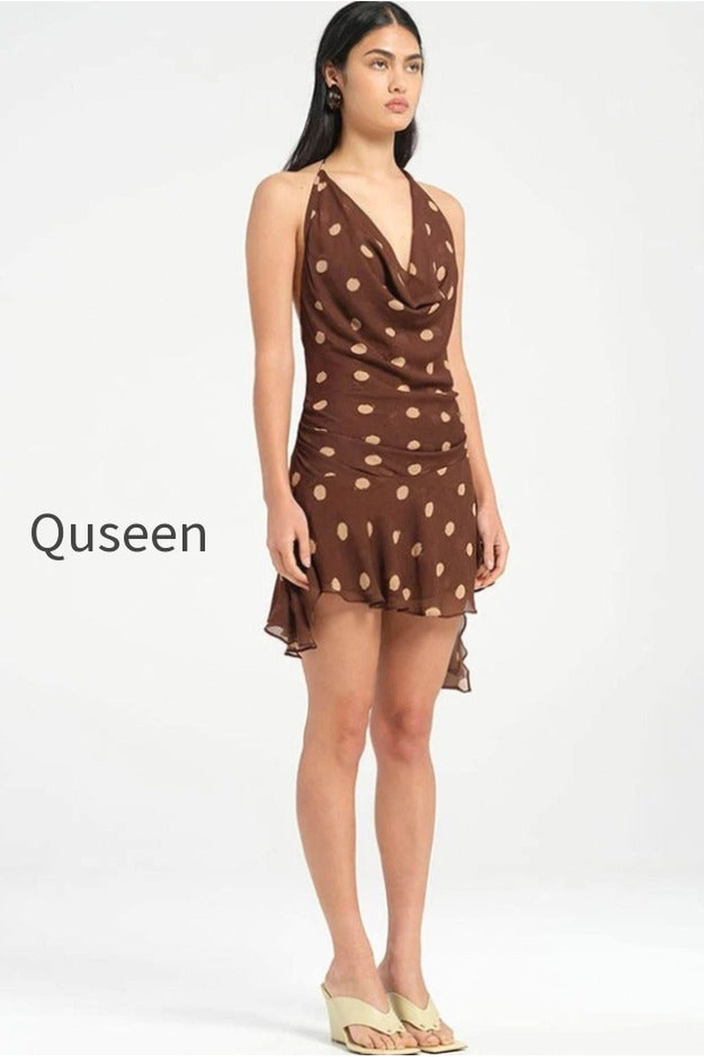 Polka Dot Chiffon Halter Deep V Slit Backless Mini Dress