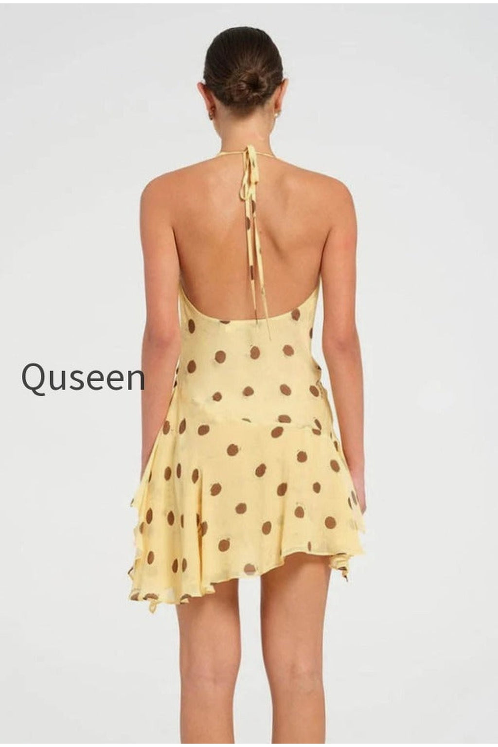 Polka Dot Chiffon Halter Deep V Slit Backless Mini Dress