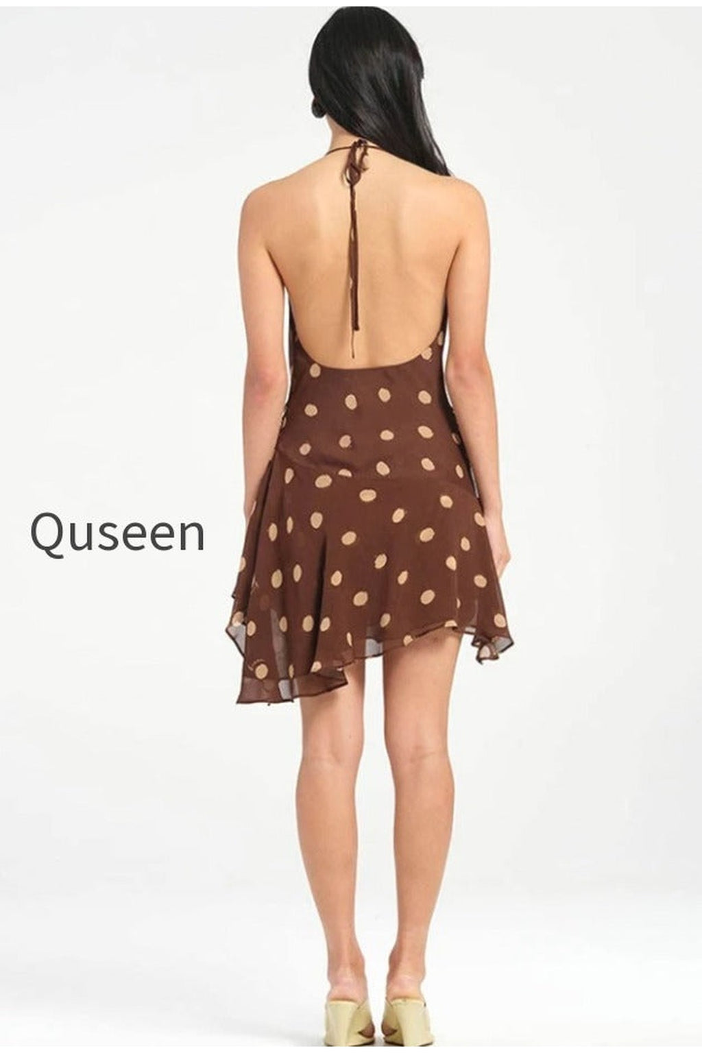 Polka Dot Chiffon Halter Deep V Slit Backless Mini Dress