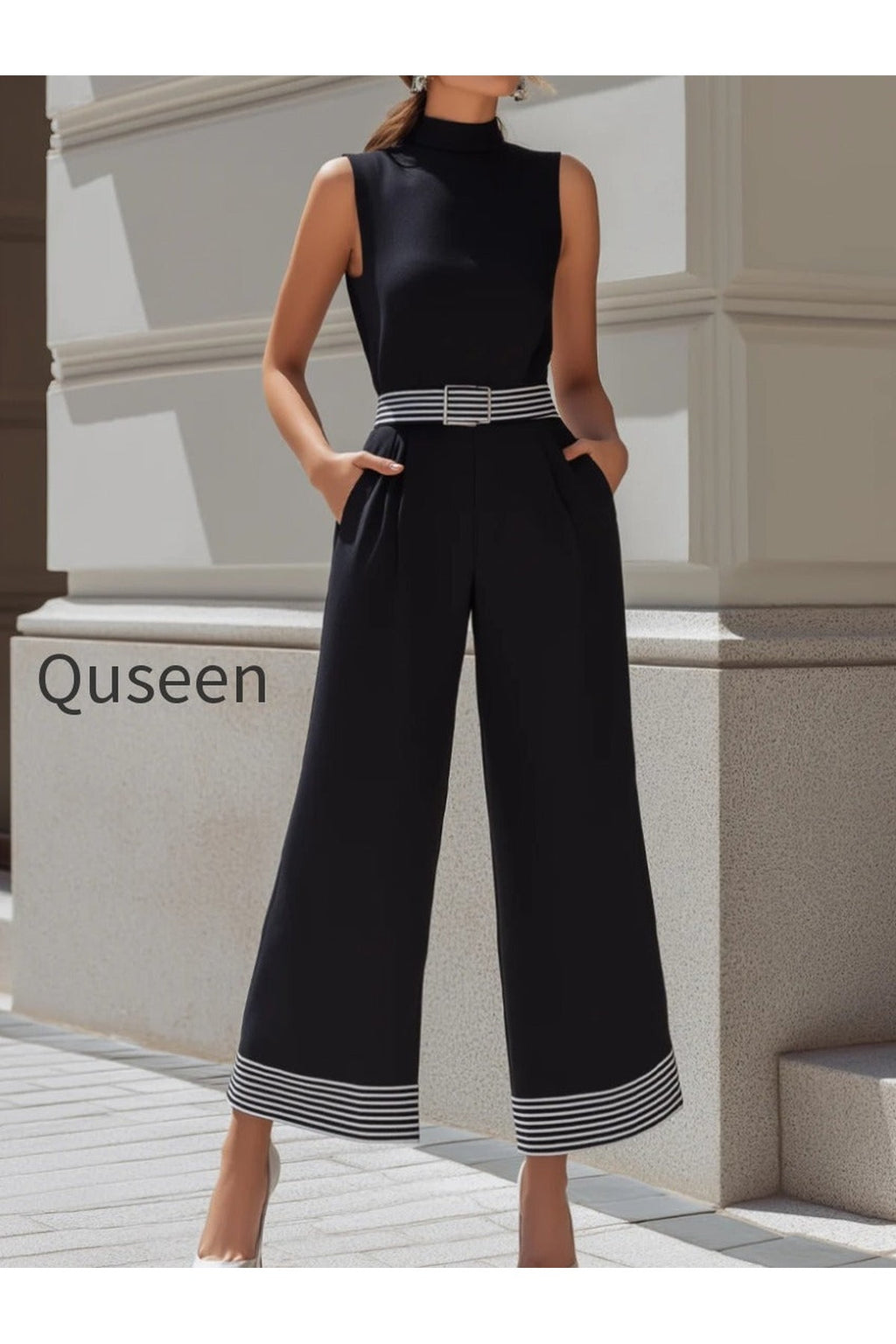 High-Neck Contrast Stripe Belted Wide-Leg Jumpsuit