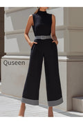 High-Neck Contrast Stripe Belted Wide-Leg Jumpsuit