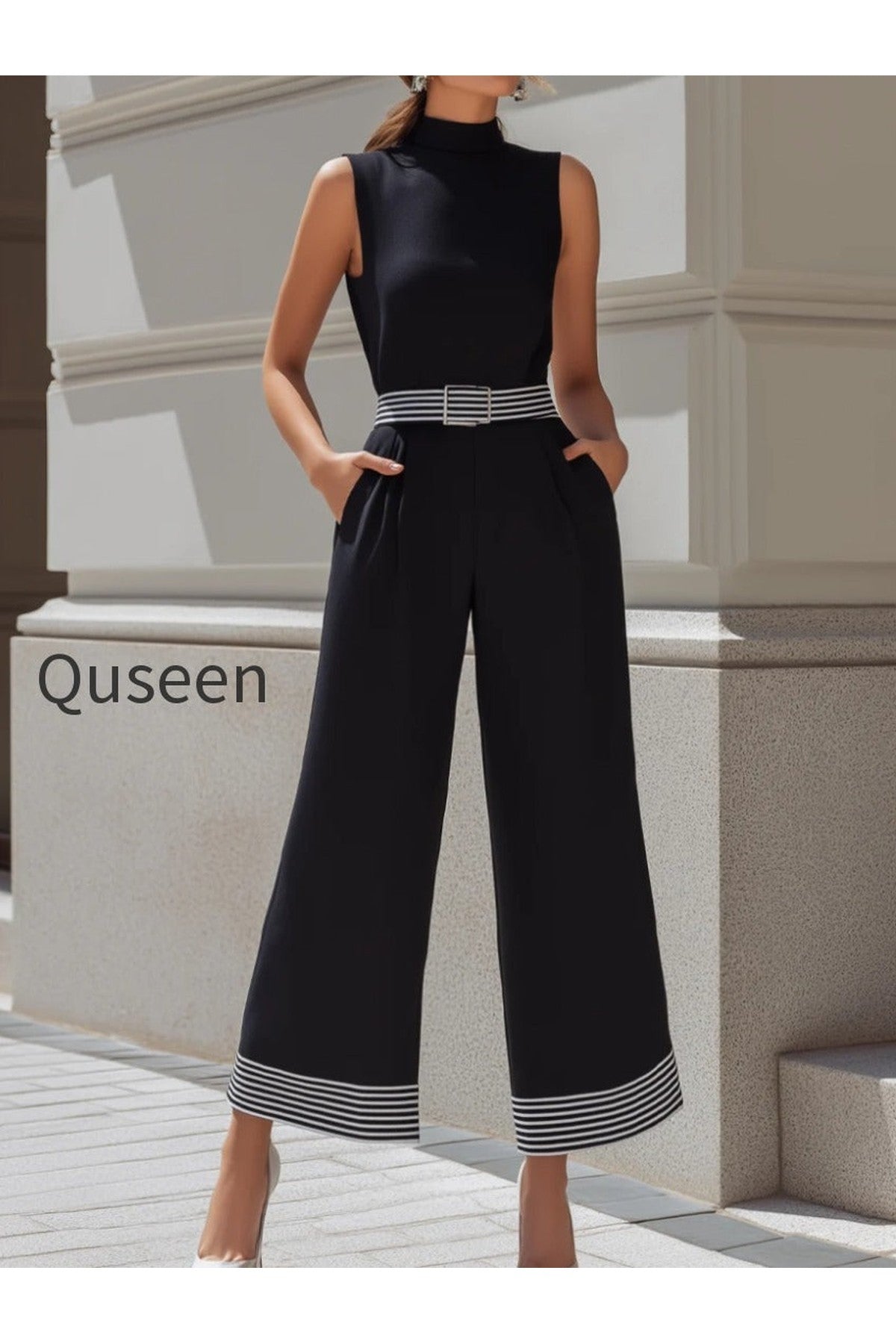 High-Neck Contrast Stripe Belted Wide-Leg Jumpsuit