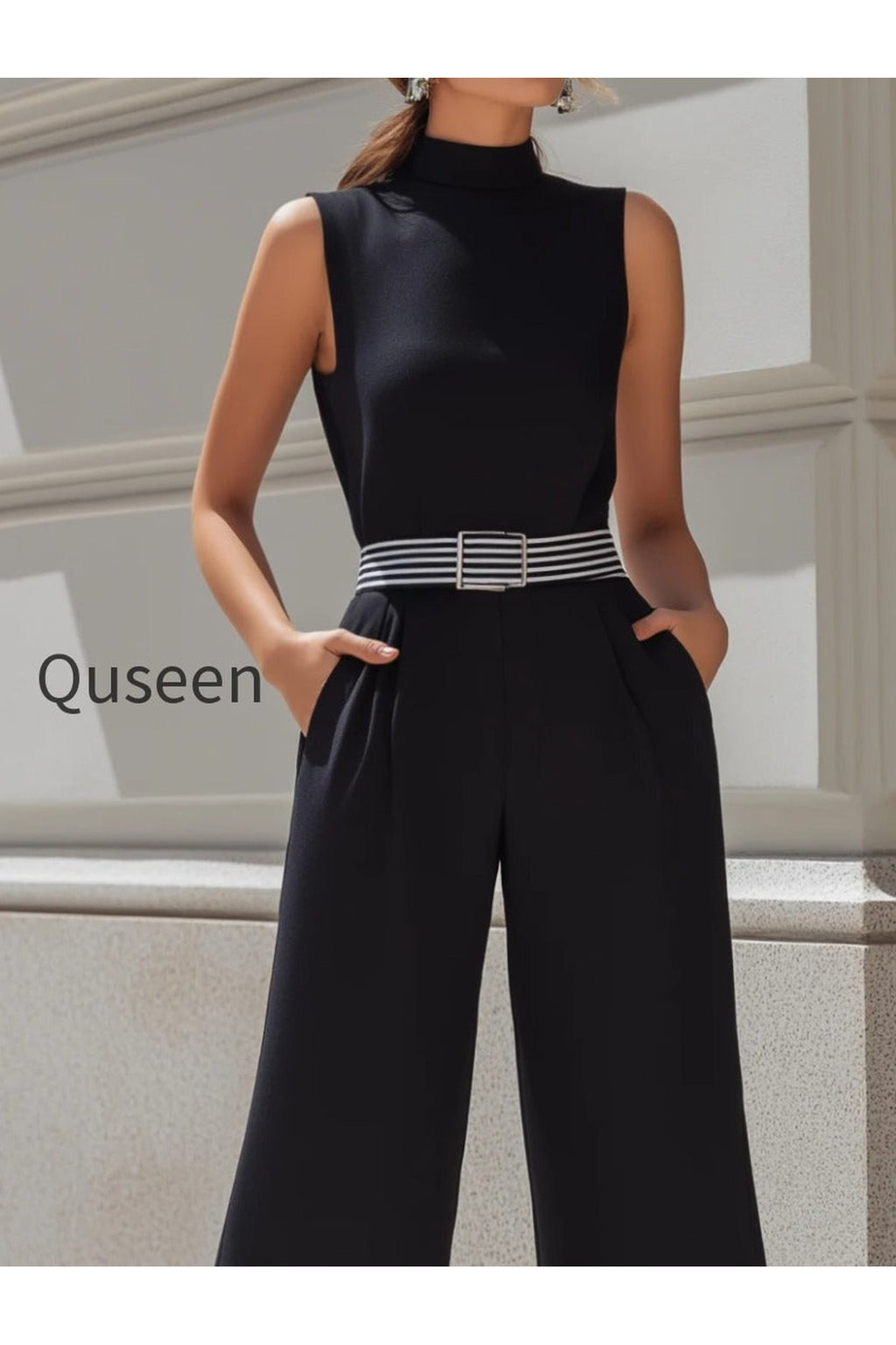 High-Neck Contrast Stripe Belted Wide-Leg Jumpsuit