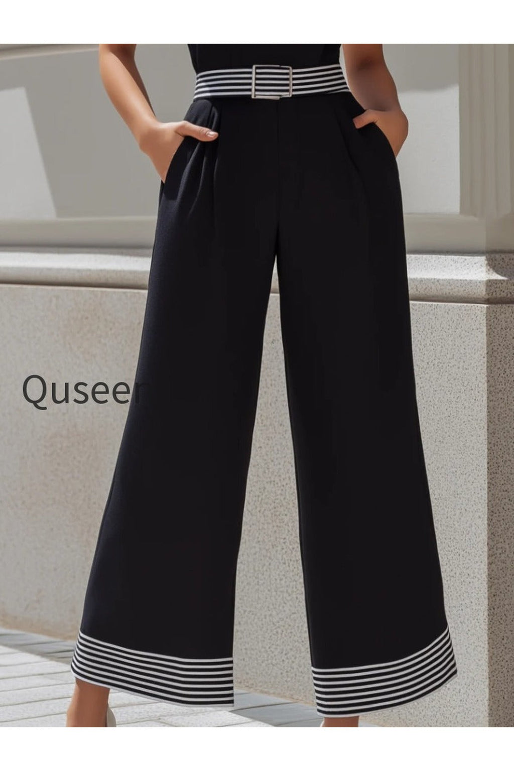 High-Neck Contrast Stripe Belted Wide-Leg Jumpsuit