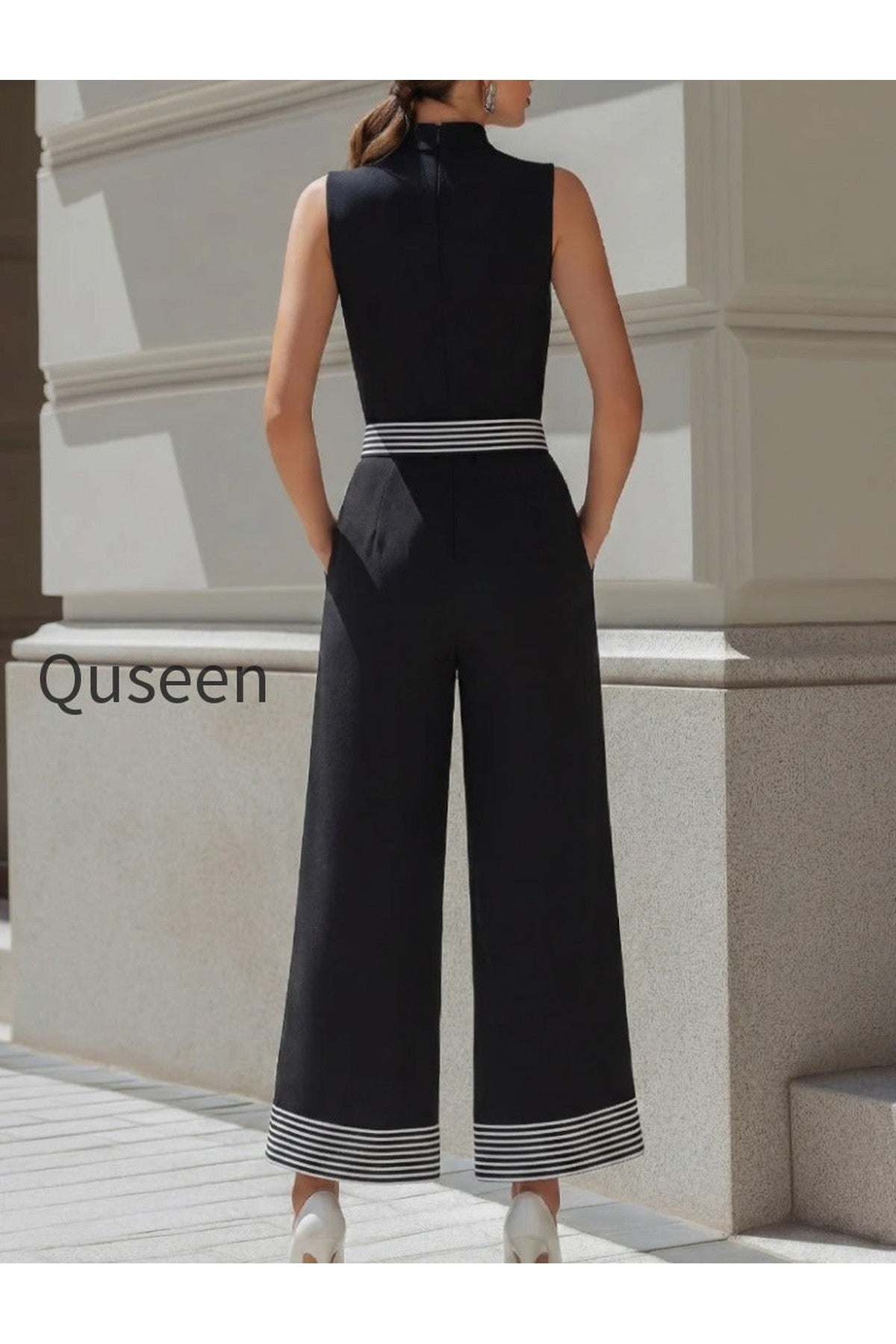 High-Neck Contrast Stripe Belted Wide-Leg Jumpsuit