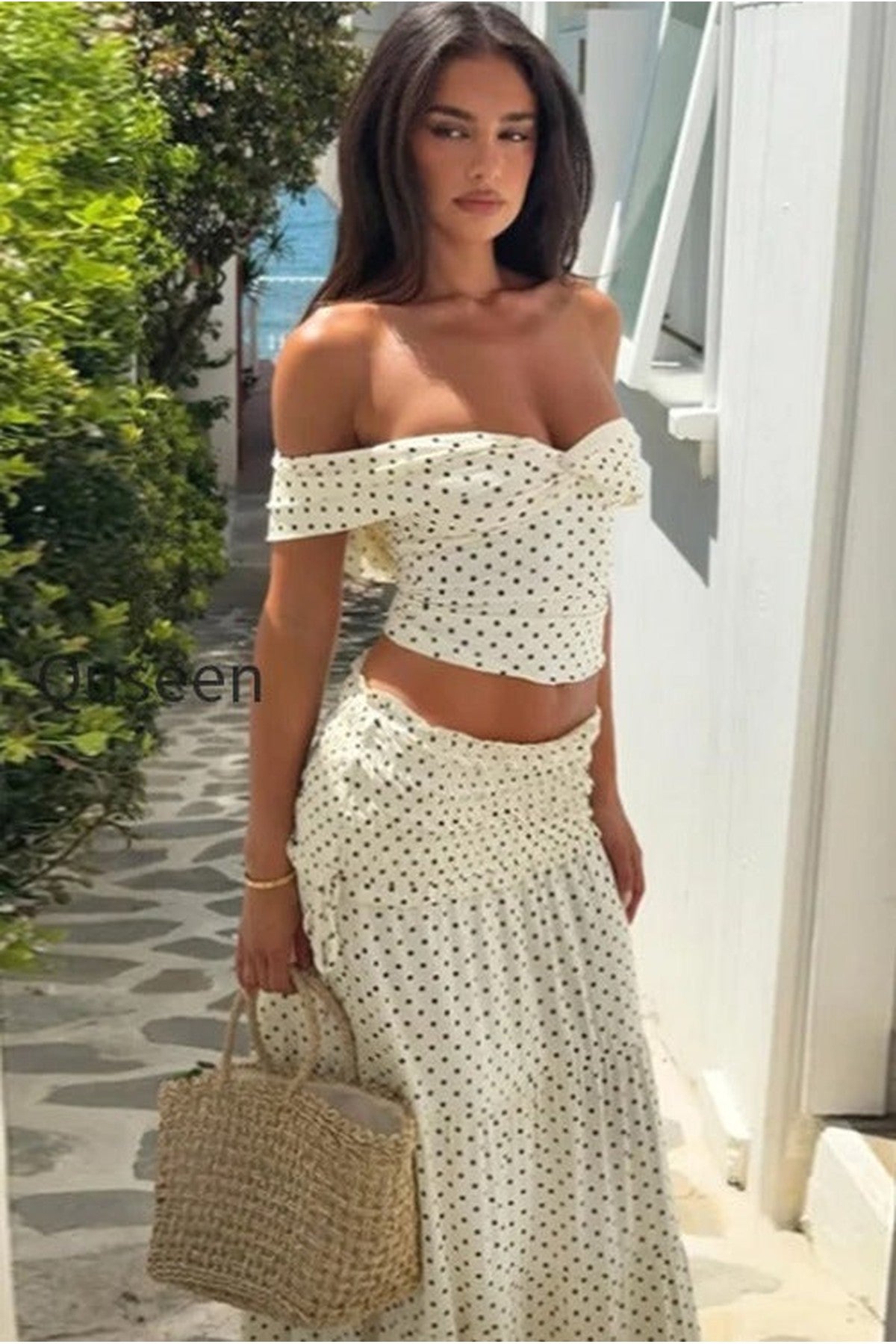 Polka Dot Strapless Side Bow Maxi Skirt Set