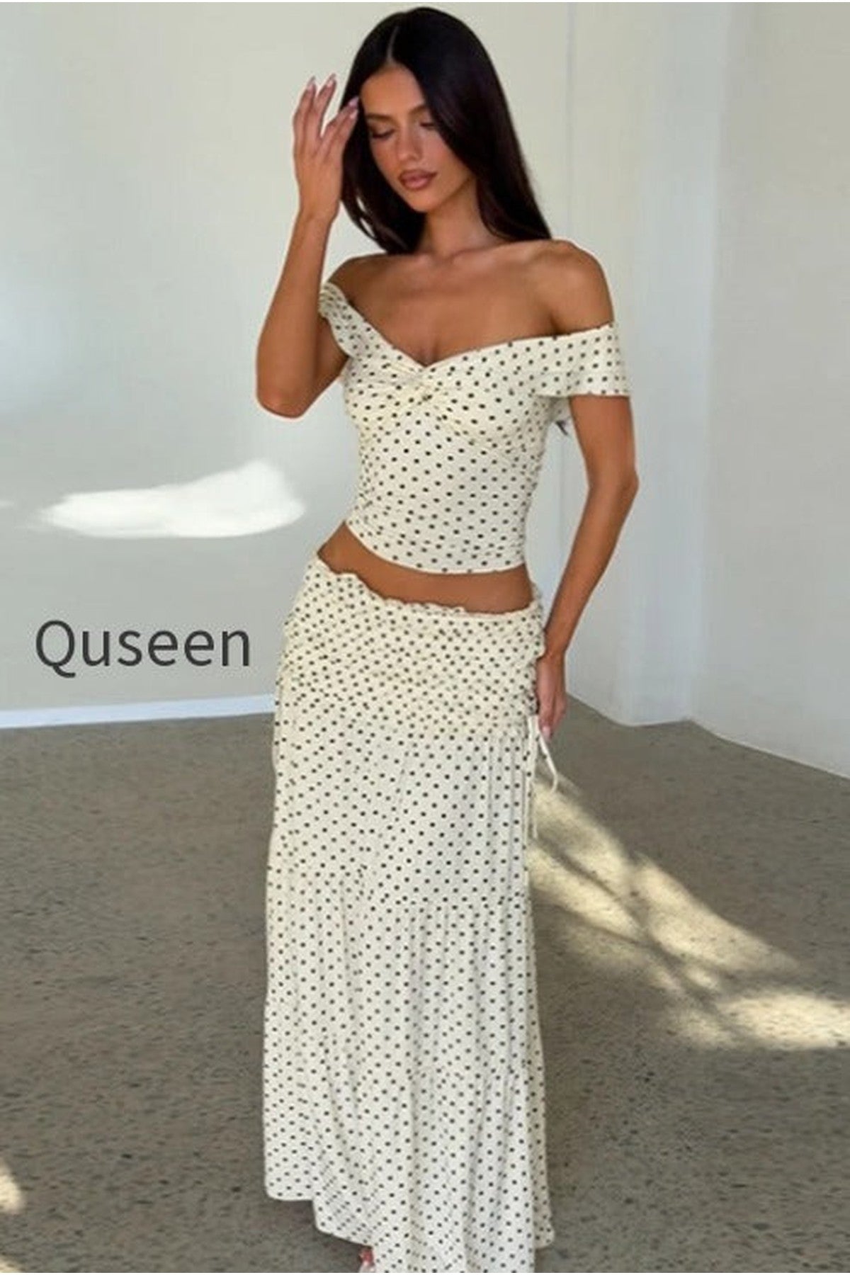 Polka Dot Strapless Side Bow Maxi Skirt Set