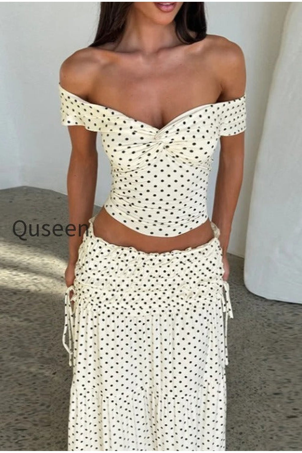 Polka Dot Strapless Side Bow Maxi Skirt Set