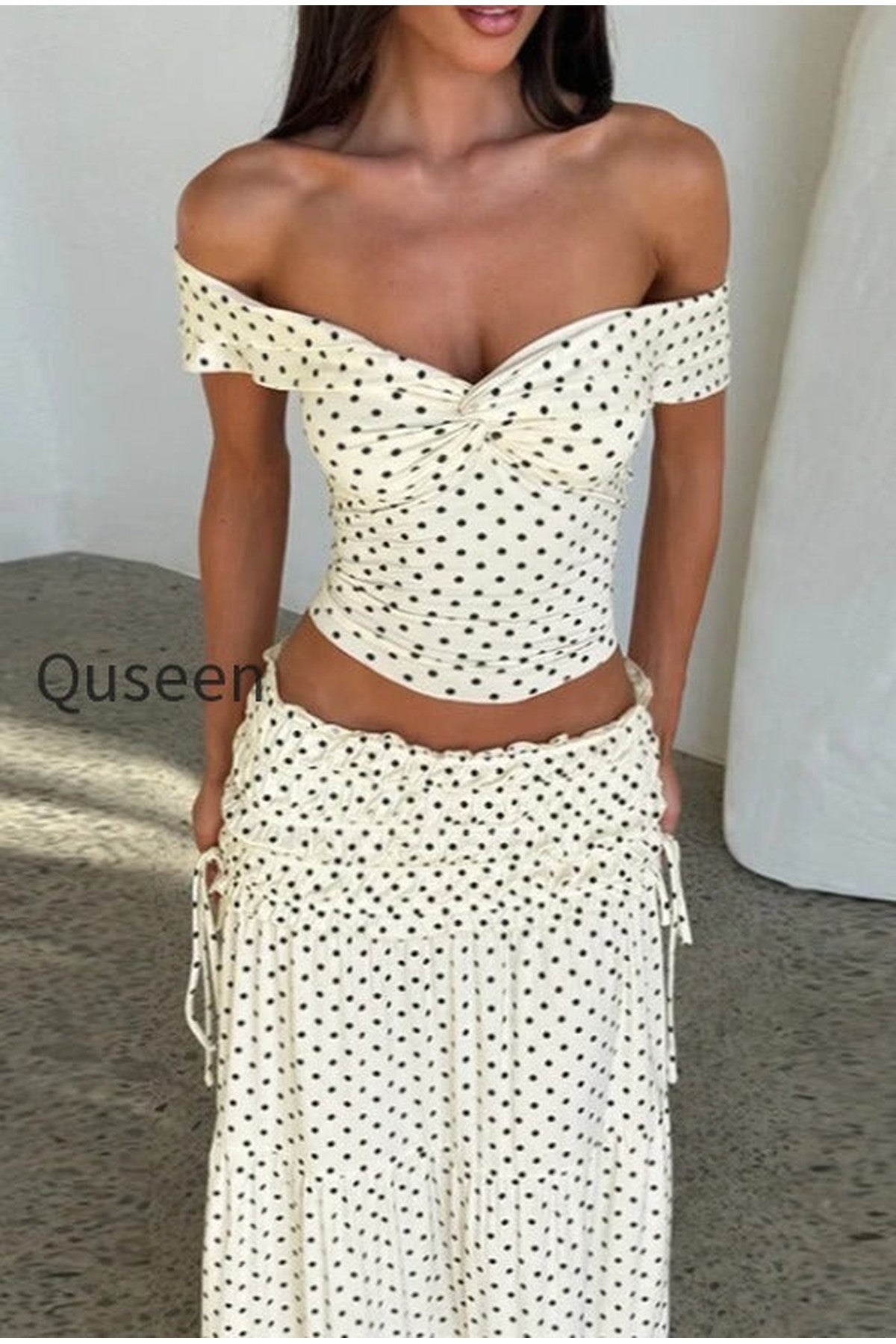 Polka Dot Strapless Side Bow Maxi Skirt Set