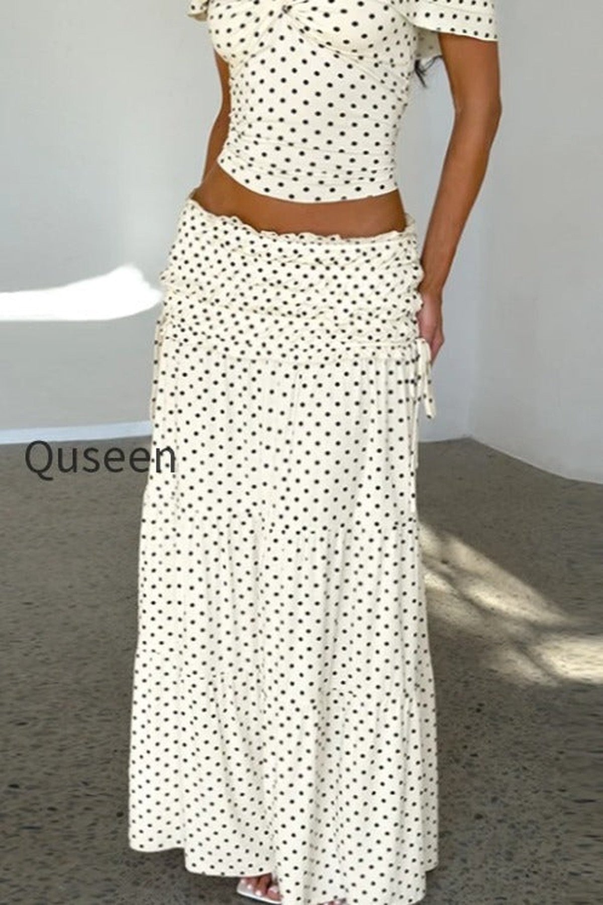 Polka Dot Strapless Side Bow Maxi Skirt Set