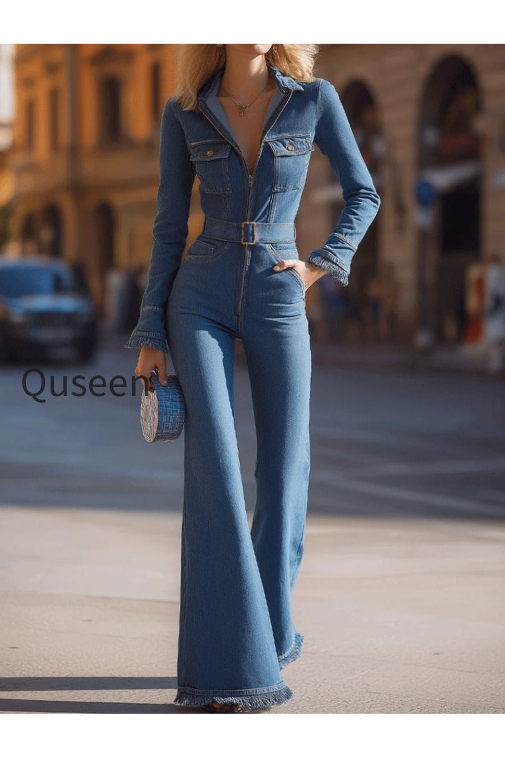 Denim Belted Jumpsuit With Flared Legs