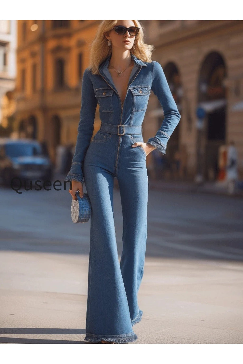 Denim Belted Jumpsuit With Flared Legs
