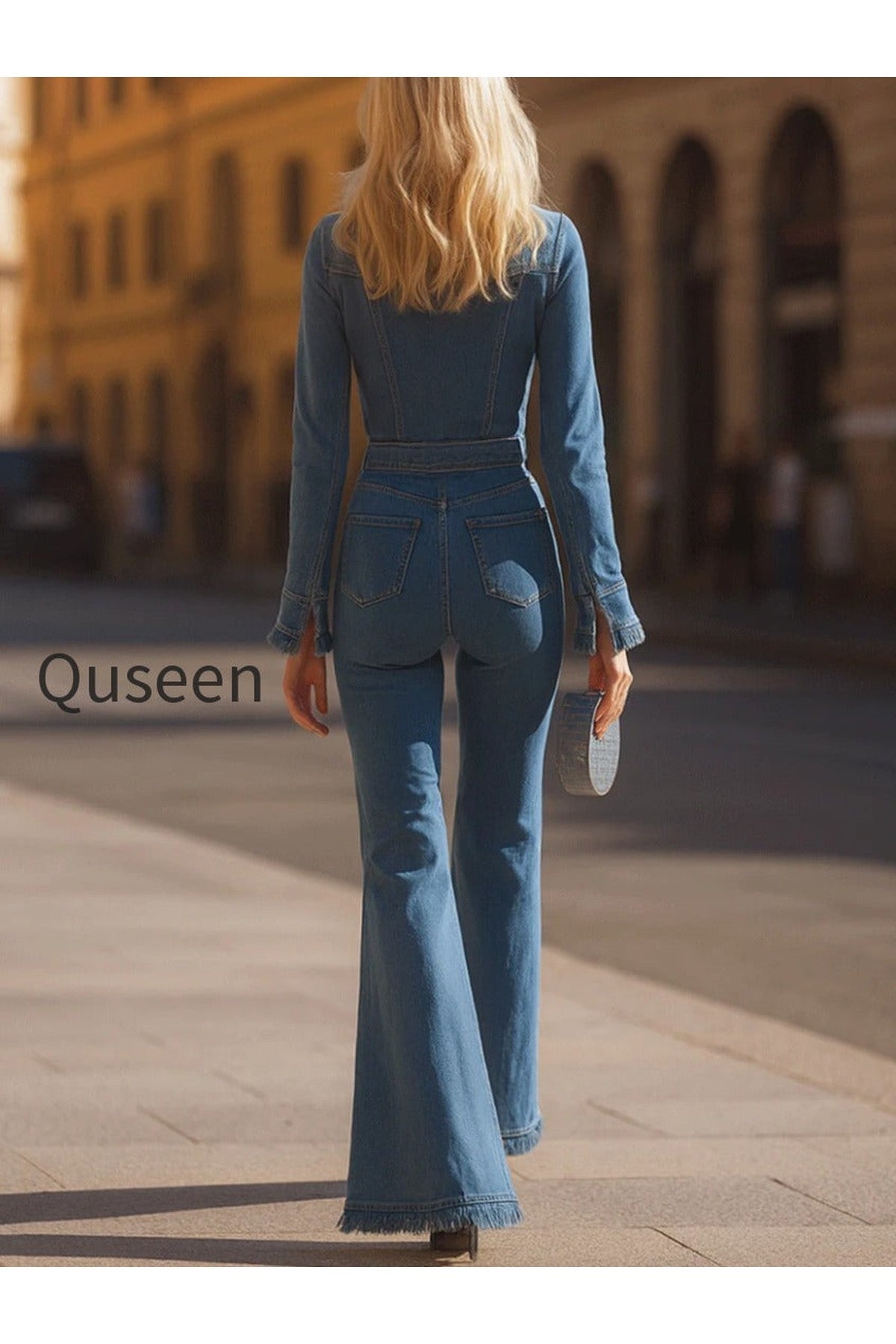 Denim Belted Jumpsuit With Flared Legs