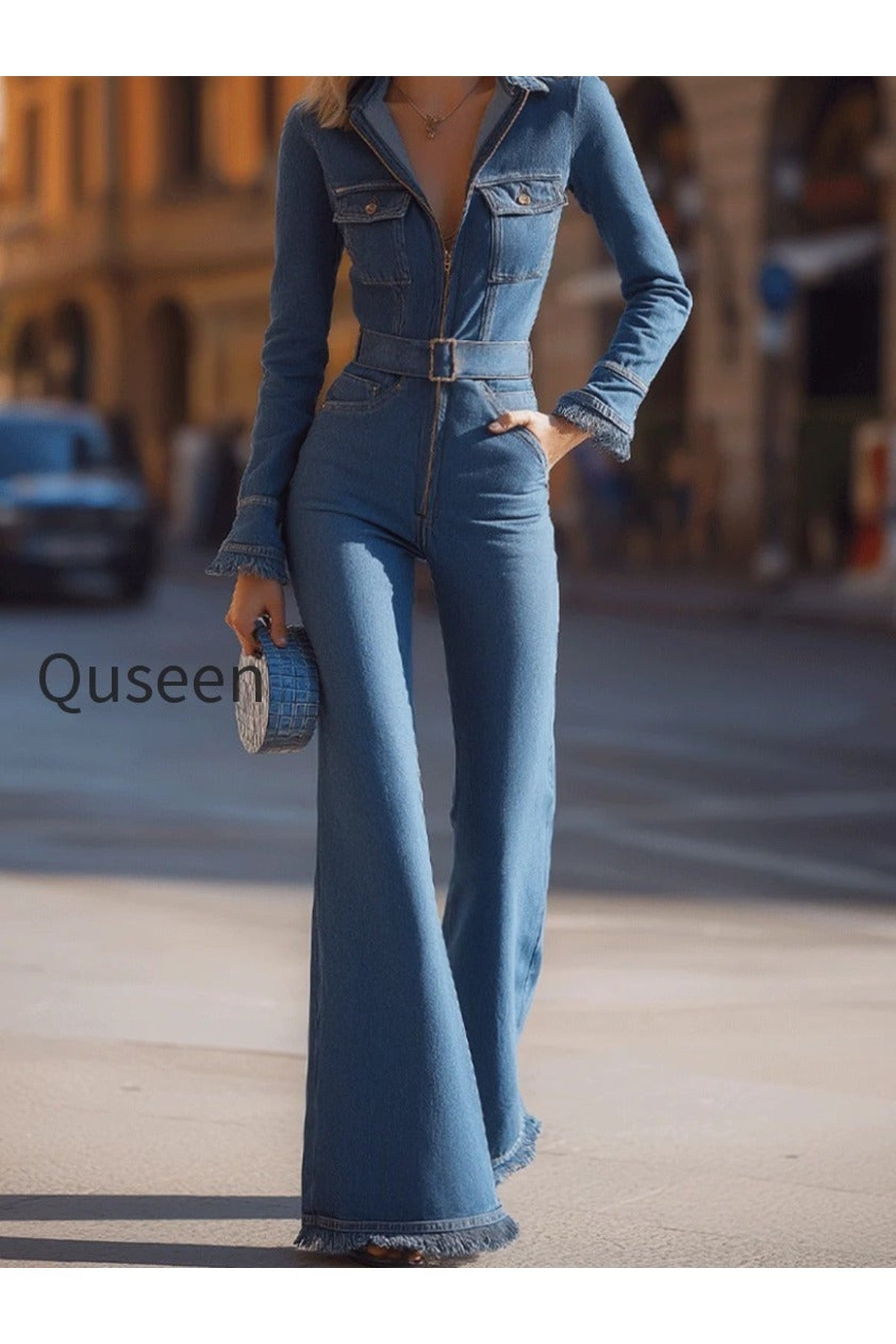 Denim Belted Jumpsuit With Flared Legs