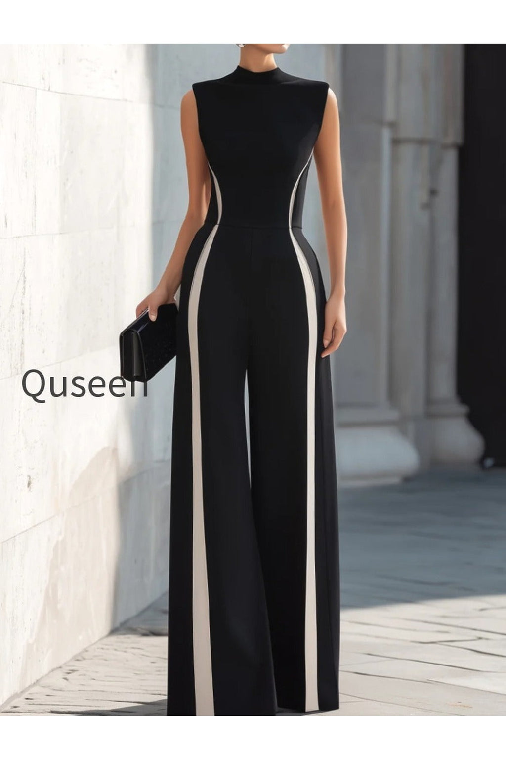 High-Neck Contrast Panel Wide-Leg Jumpsuit
