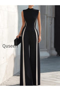 High-Neck Contrast Panel Wide-Leg Jumpsuit