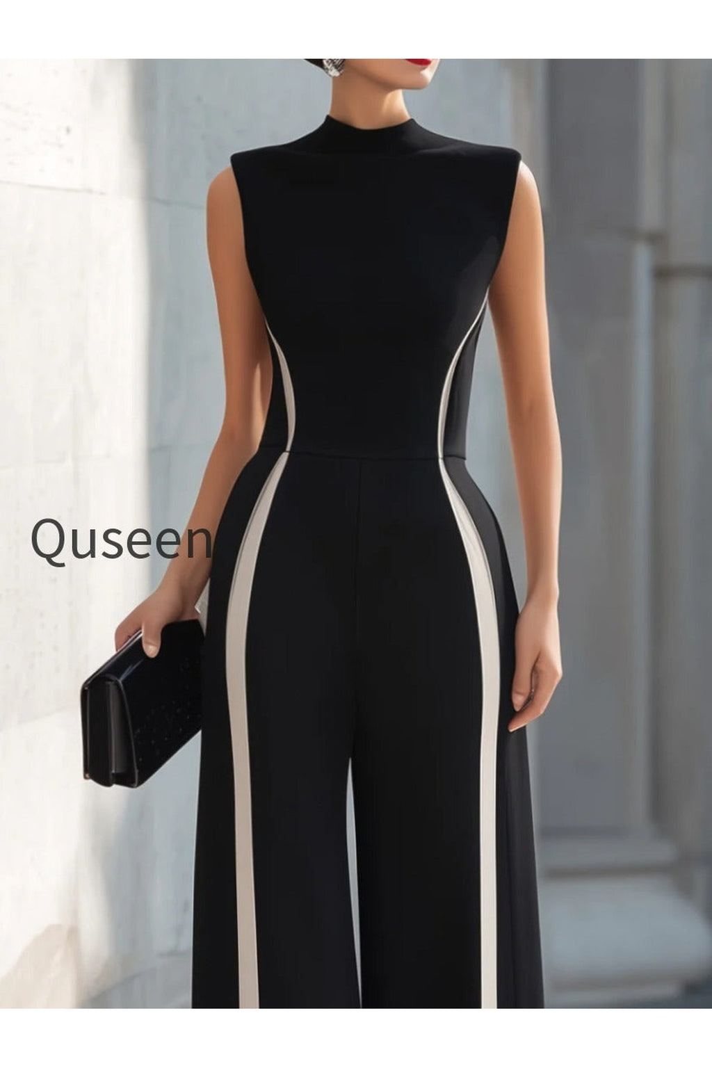 High-Neck Contrast Panel Wide-Leg Jumpsuit