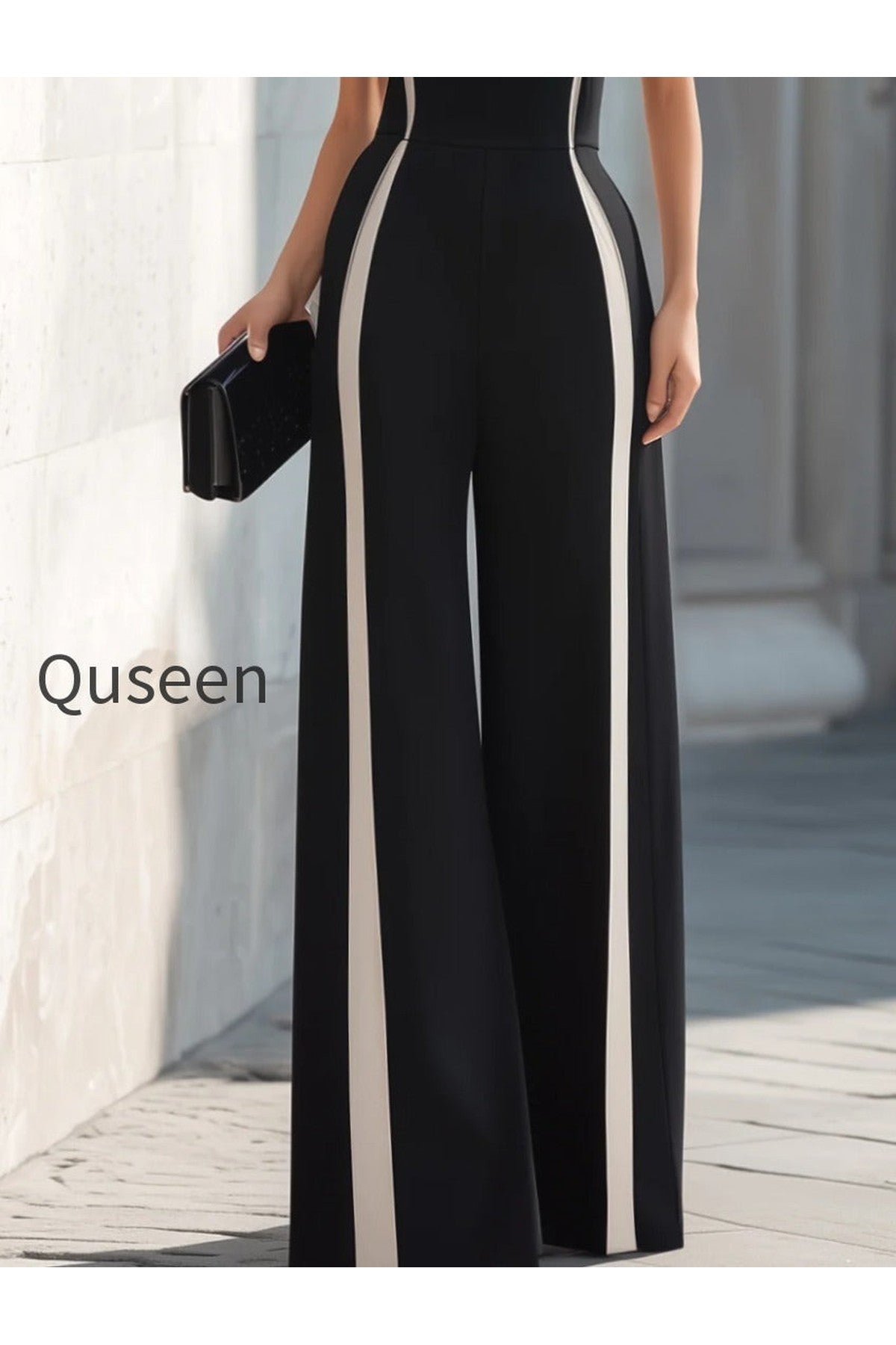 High-Neck Contrast Panel Wide-Leg Jumpsuit