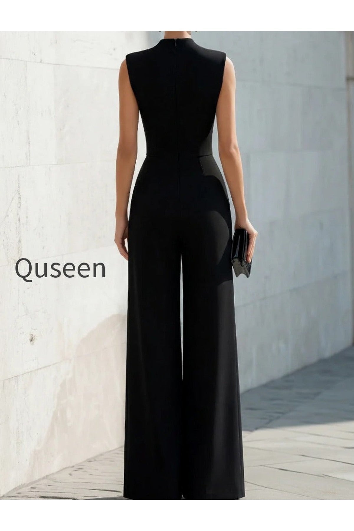 High-Neck Contrast Panel Wide-Leg Jumpsuit